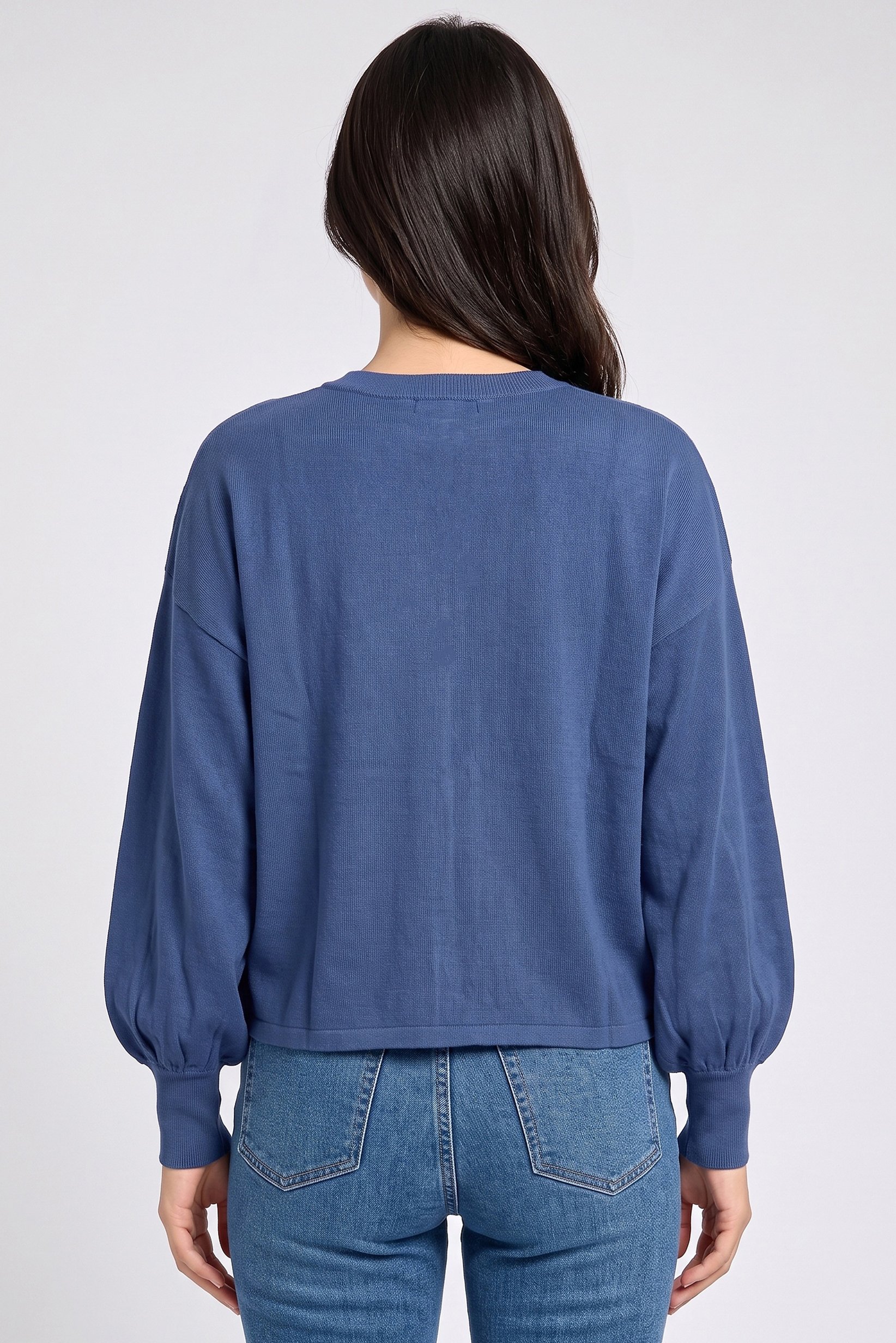 Women Crew-Neck Rib Knit Cardigan, Blue
