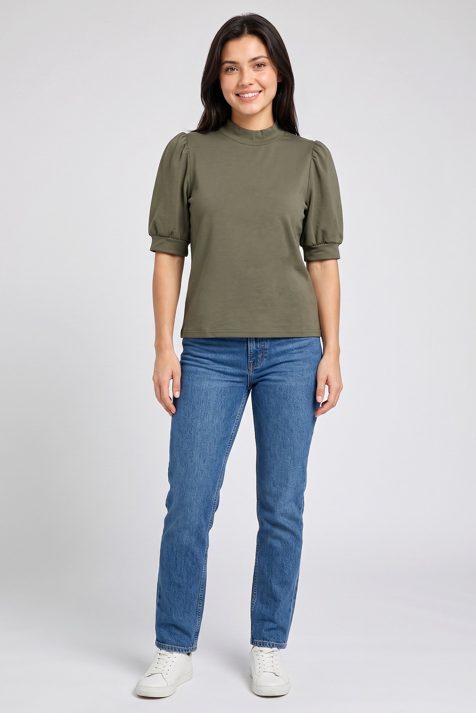 Women Mock Neck Short Sleeve Solid Top, Olive