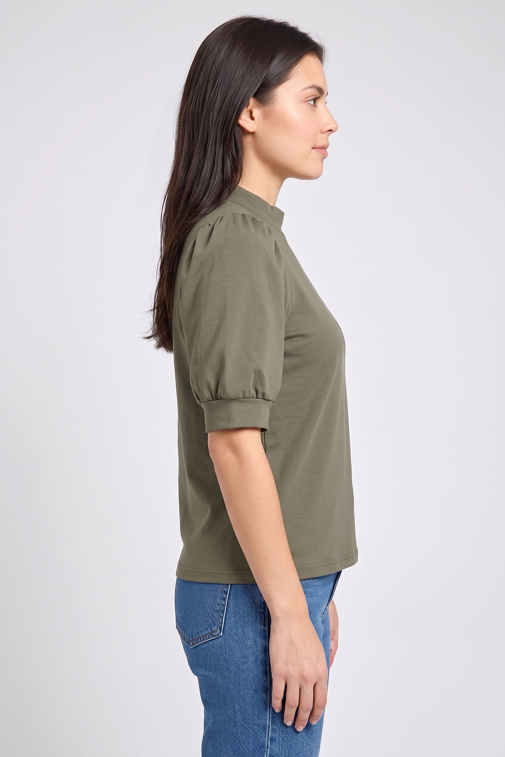 Women Mock Neck Short Sleeve Solid Top, Olive