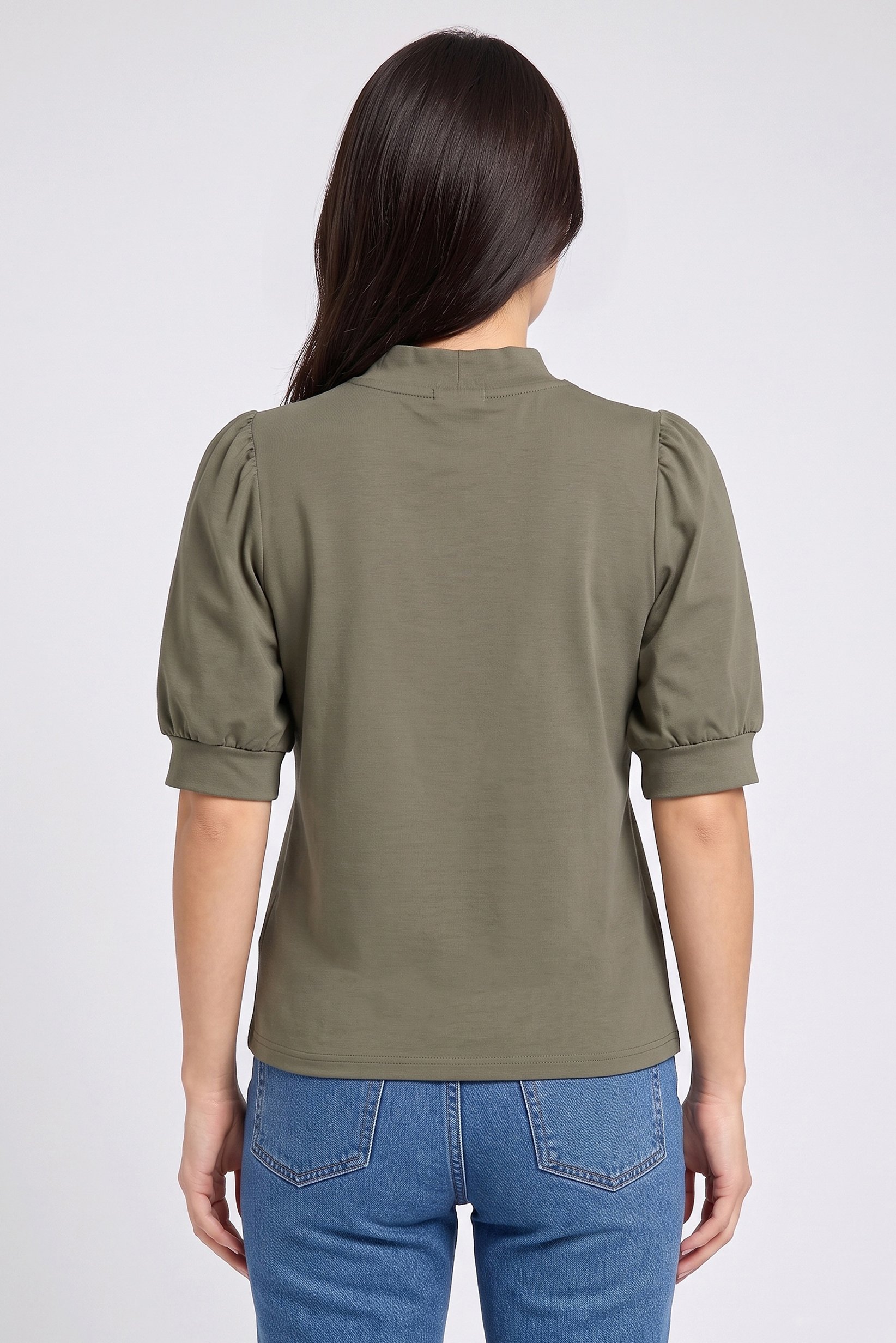 Women Mock Neck Short Sleeve Solid Top, Olive