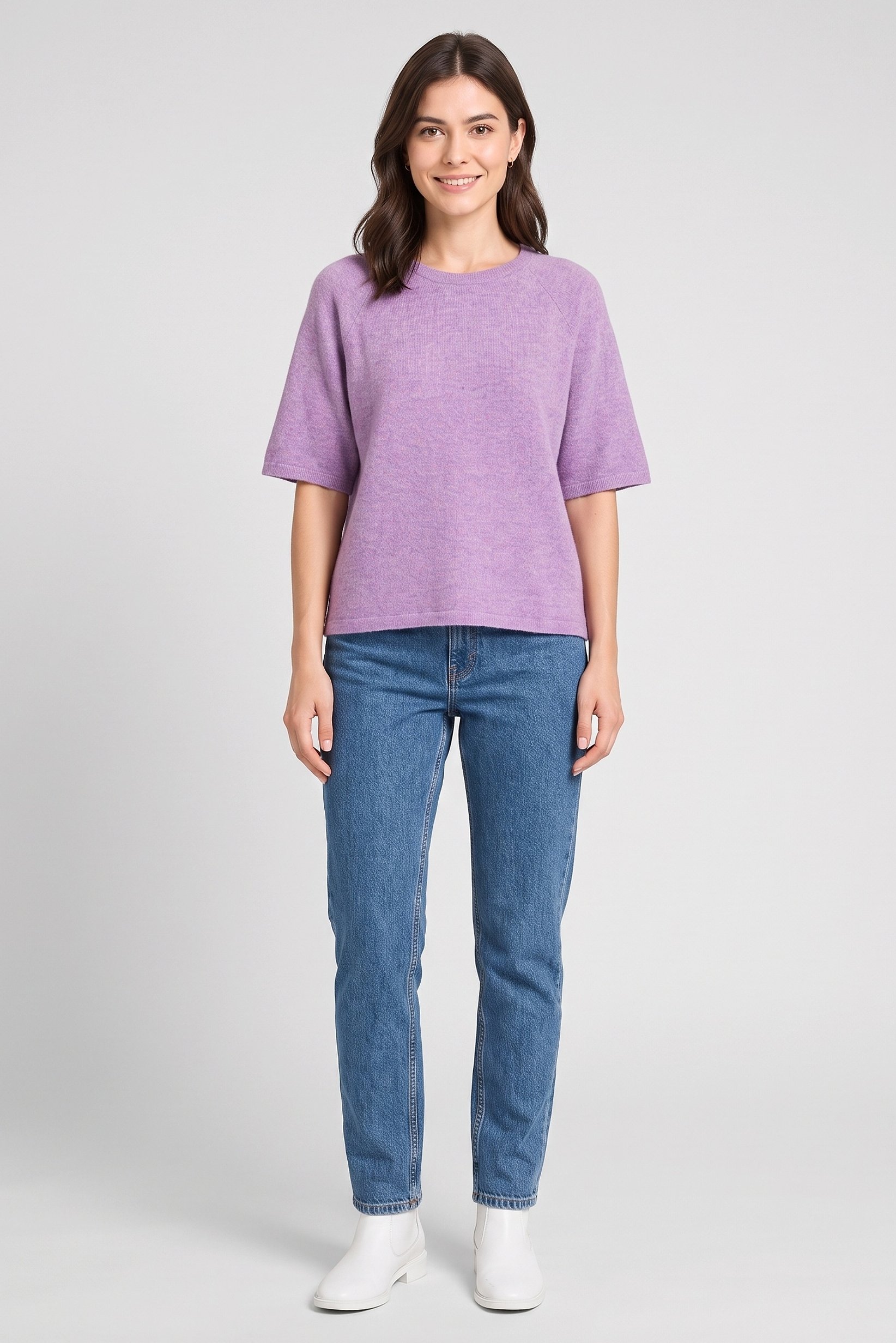 Women Crew Neck 3/4 Sleeve Knitted Top, Lilac