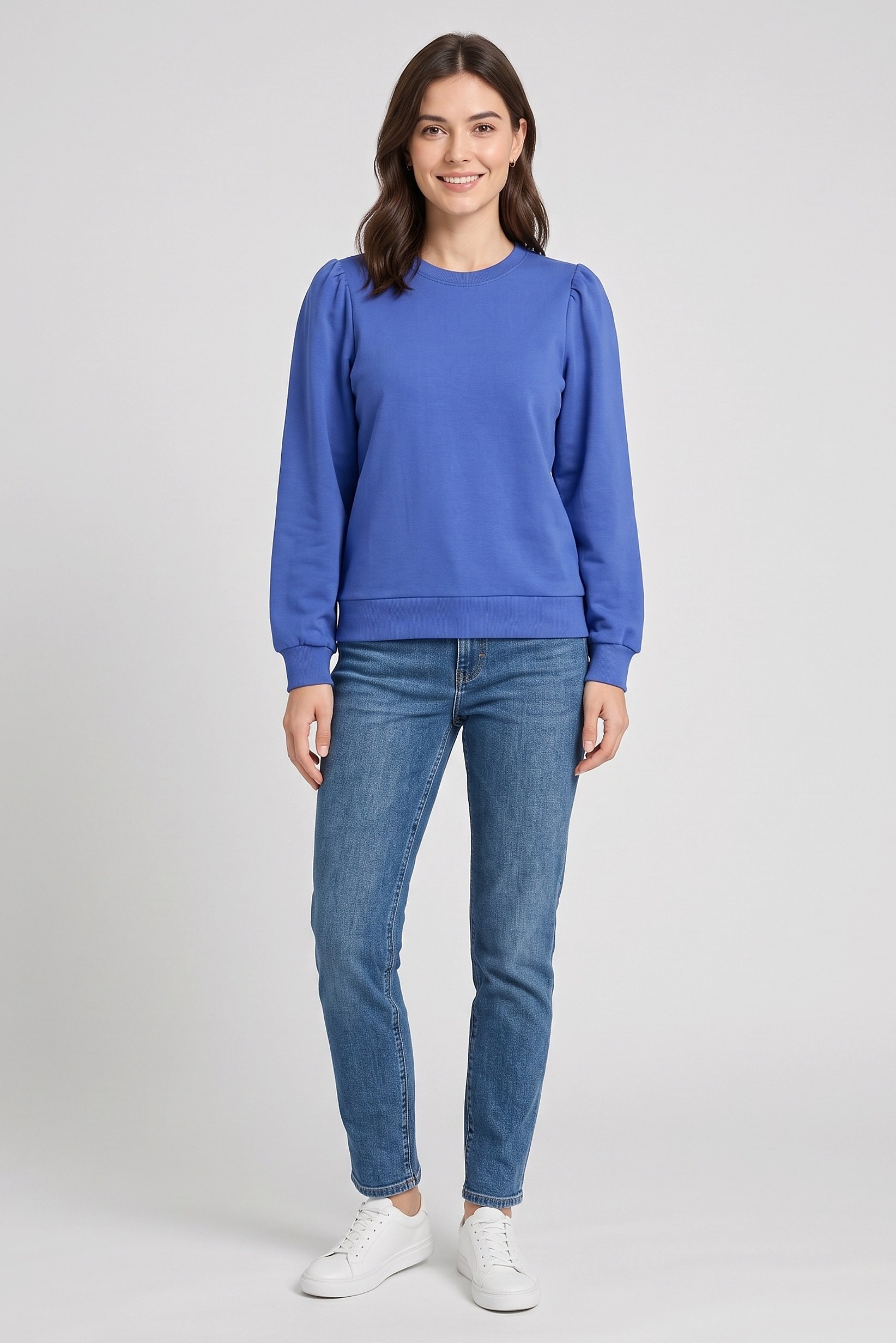 Women Crew Neck Puffed Sleeve Solid Blouse, Amparo Blue