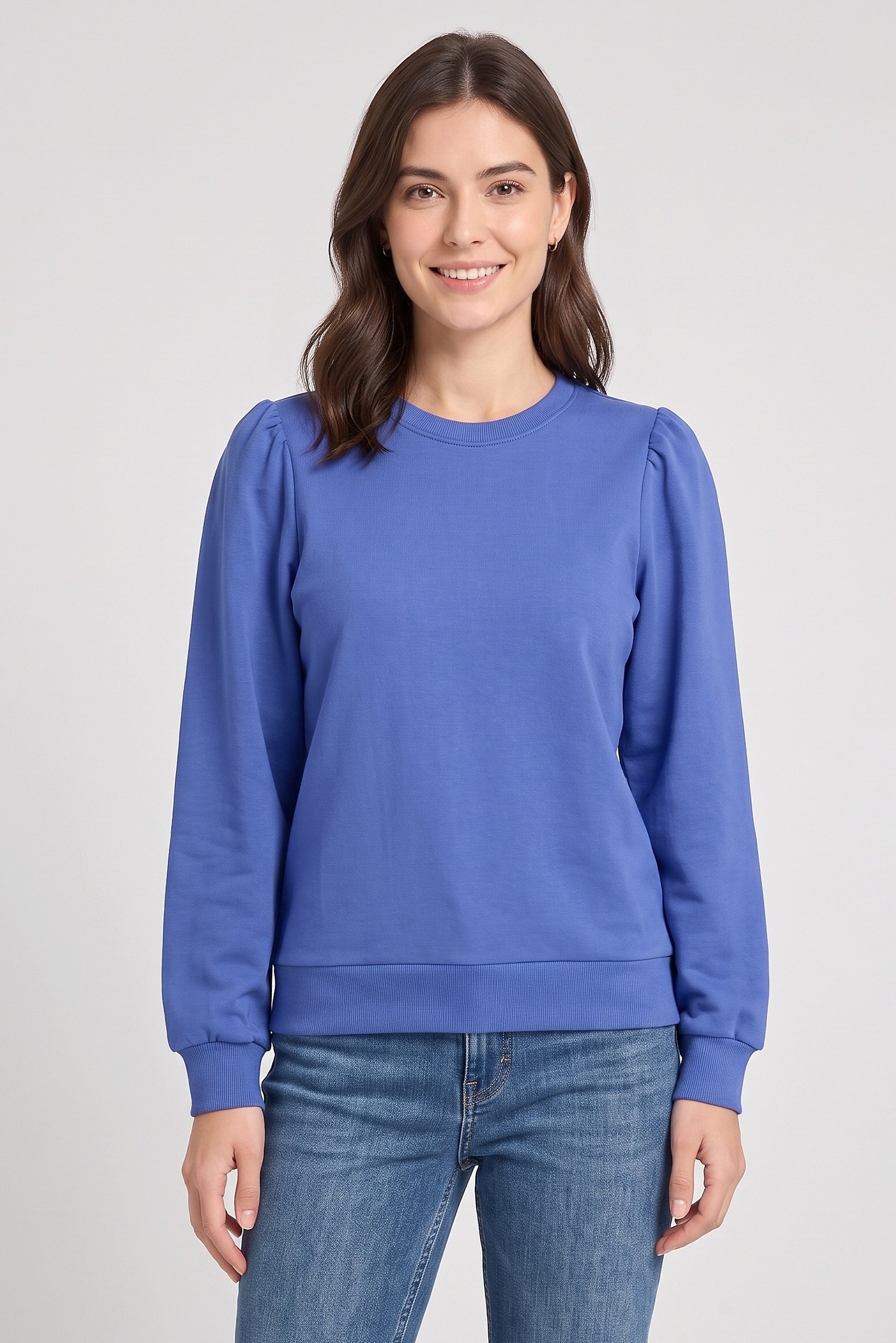 Women Crew Neck Puffed Sleeve Solid Blouse, Amparo Blue