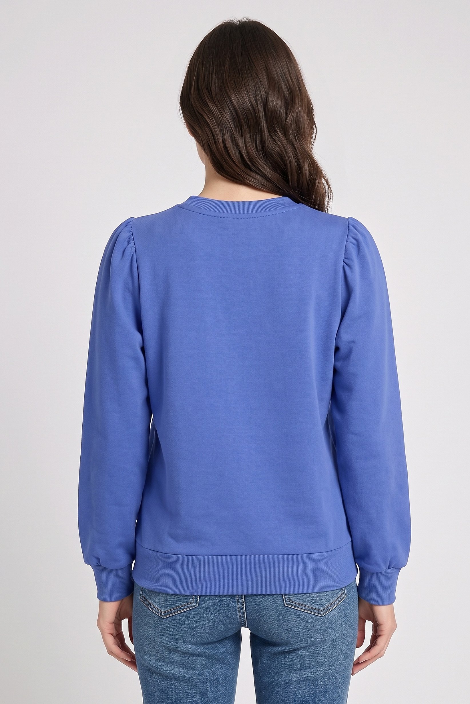 Women Crew Neck Puffed Sleeve Solid Blouse, Amparo Blue