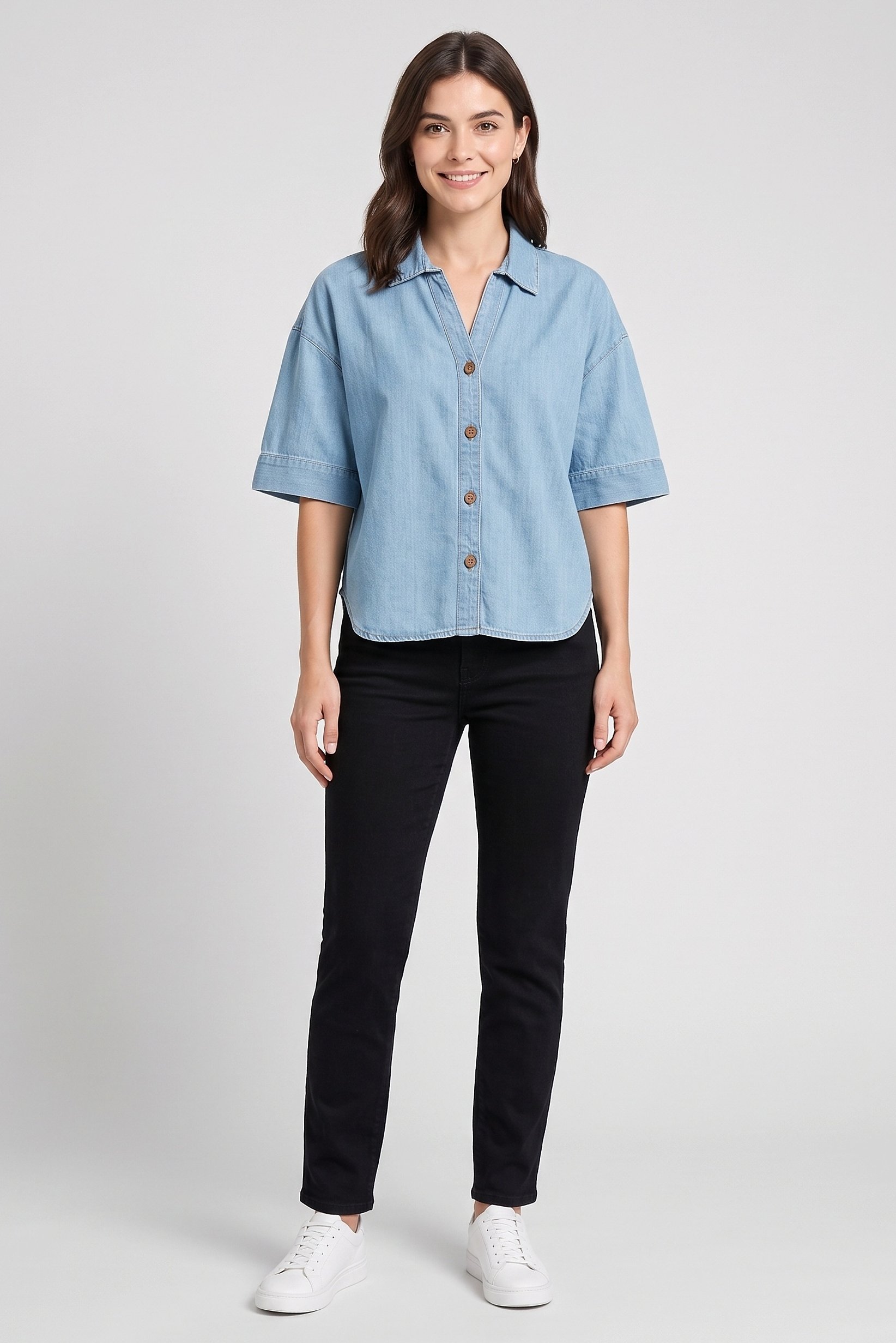 Women Regular Fit Washed 3/4 Sleeve Shirt, Light Blue