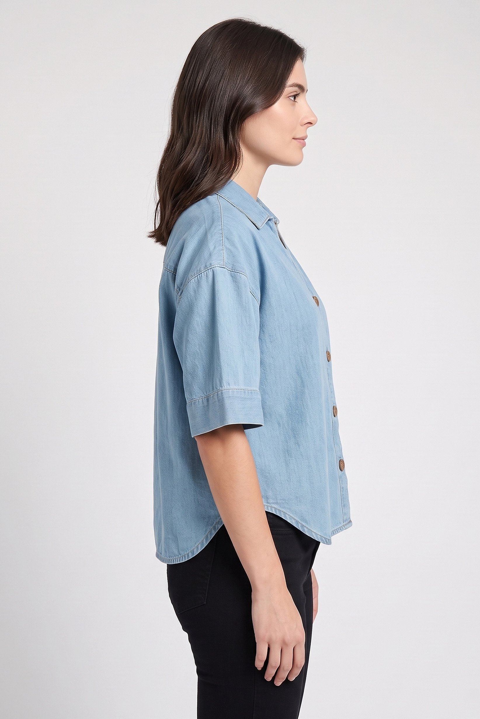 Women Regular Fit Washed 3/4 Sleeve Shirt, Light Blue