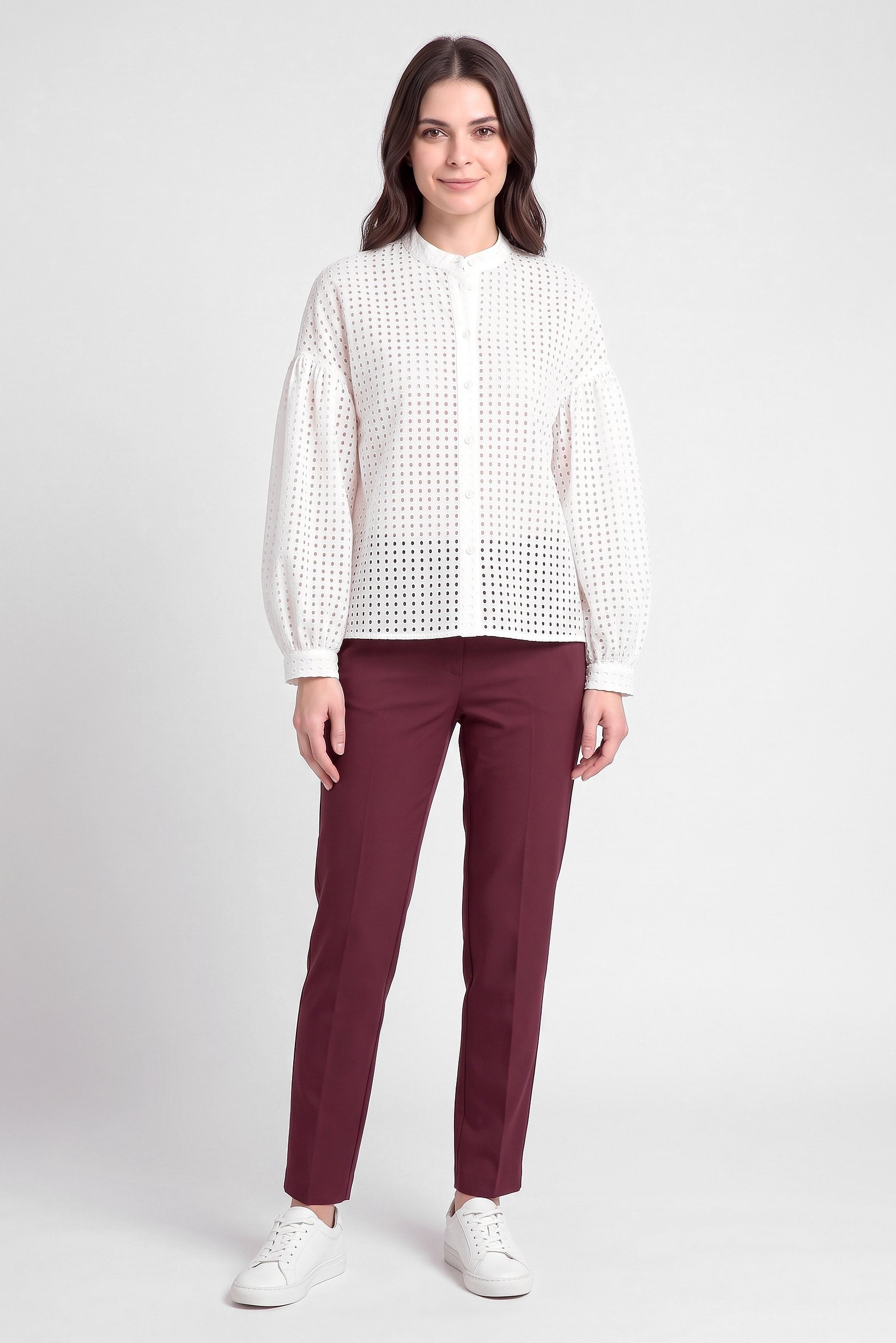 Women Round Neck Balloon Sleeve Eyelet Shirt, White