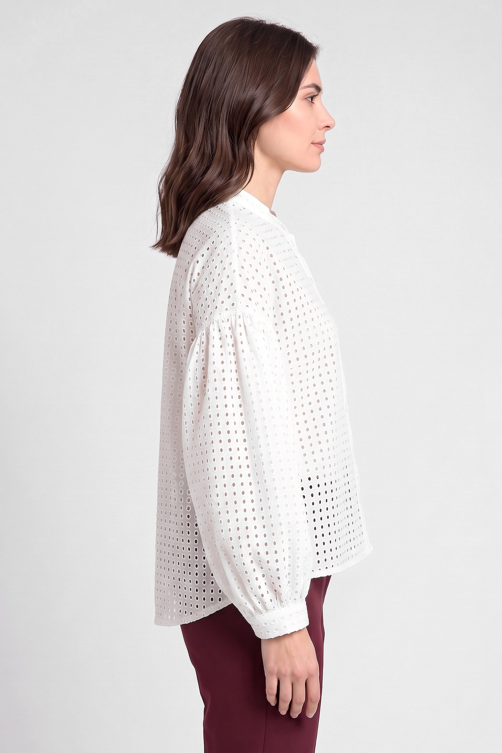 Women Round Neck Balloon Sleeve Eyelet Shirt, White