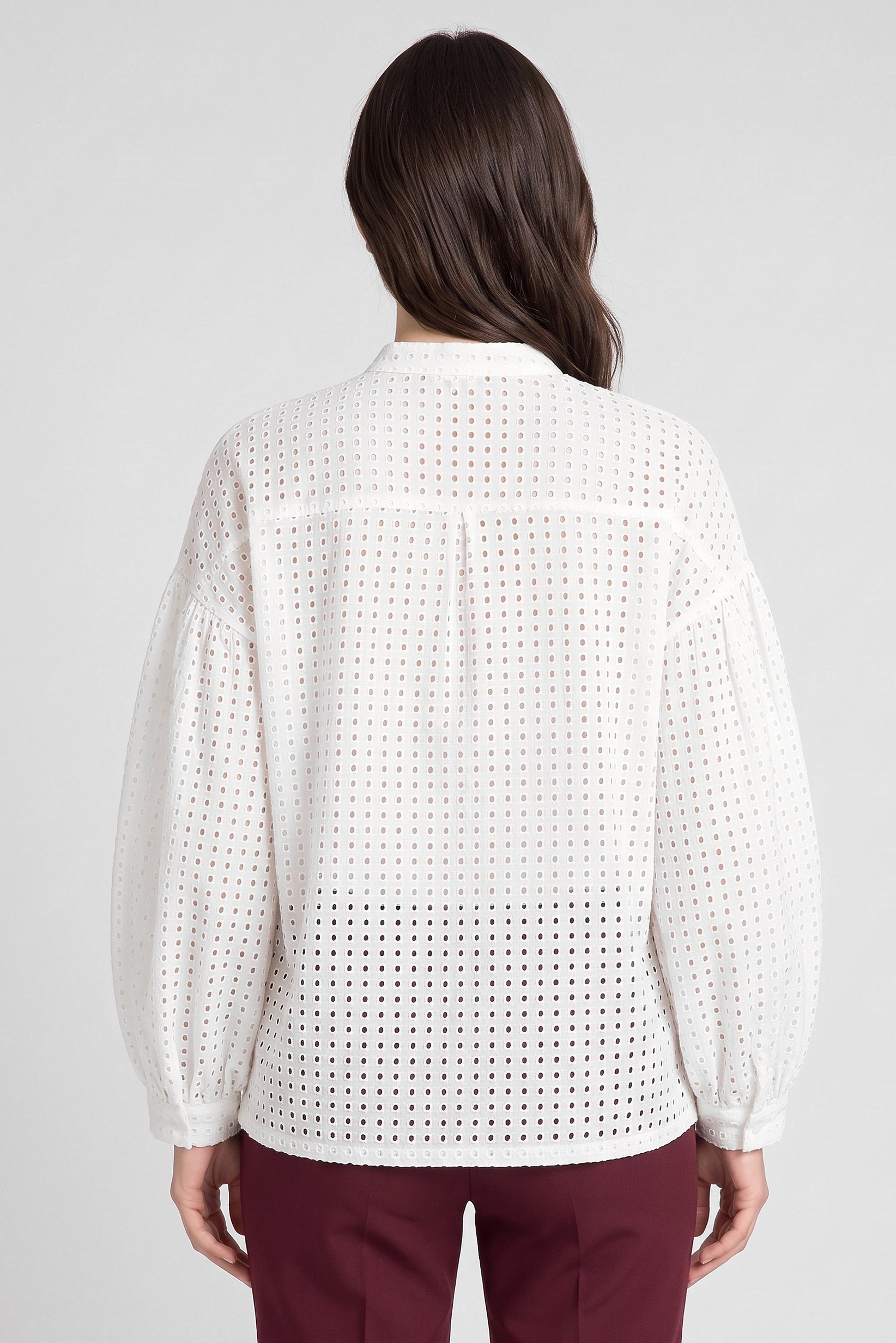 Women Round Neck Balloon Sleeve Eyelet Shirt, White