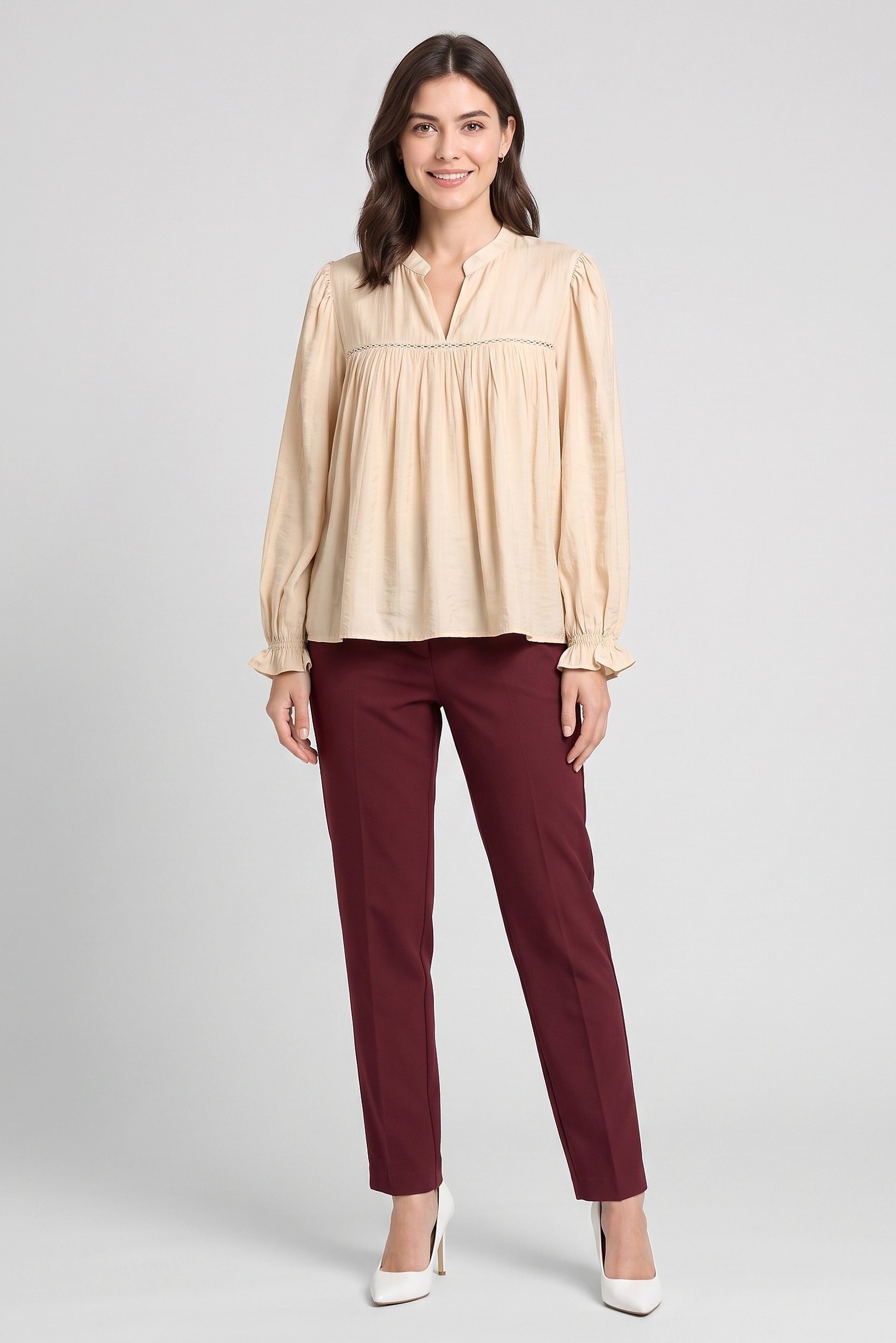 Women V- Neck Long Sleeve Textured Blouse, Beige