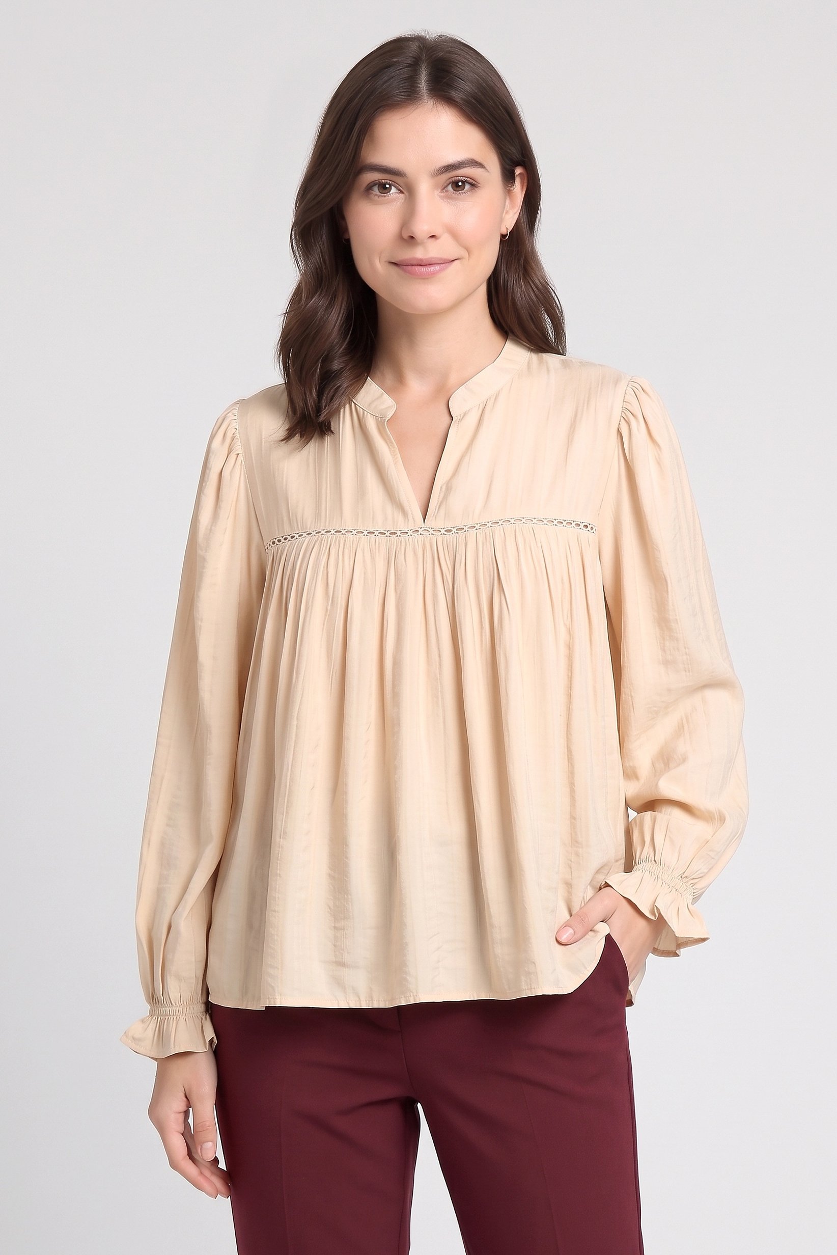 Women V- Neck Long Sleeve Textured Blouse, Beige