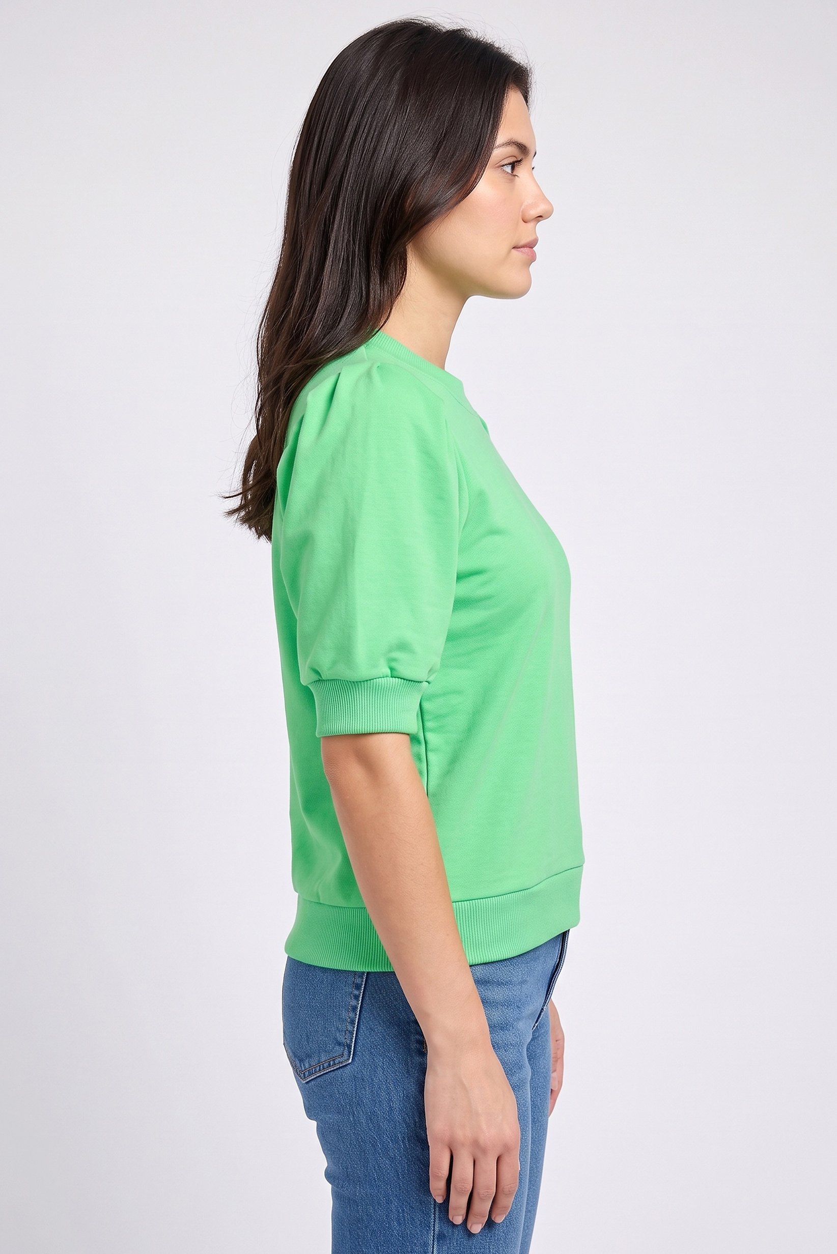 Women Crew Neck Balloon Sleeve Solid Top, Green