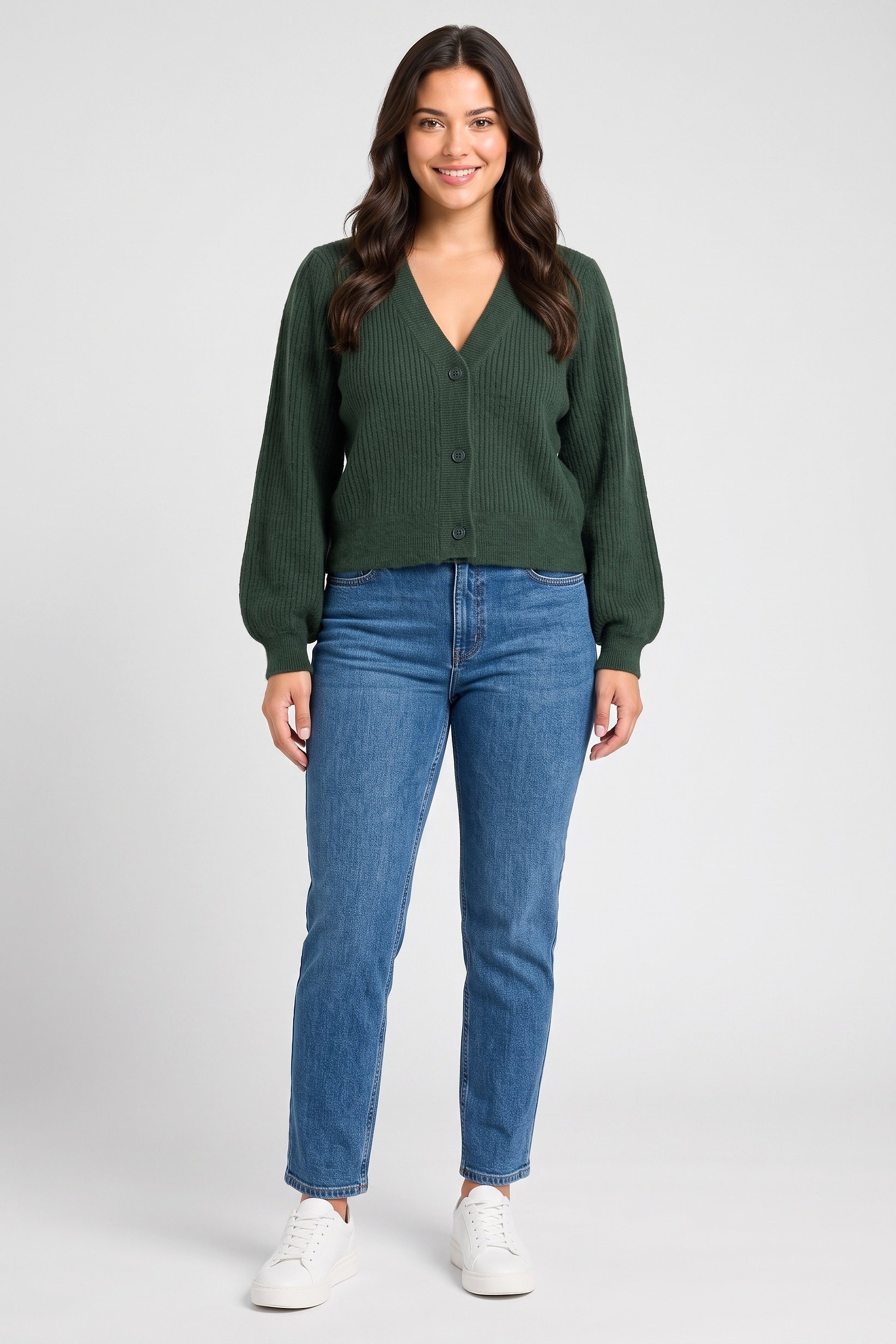 Women V-Neck Knitted Cardigan, Green