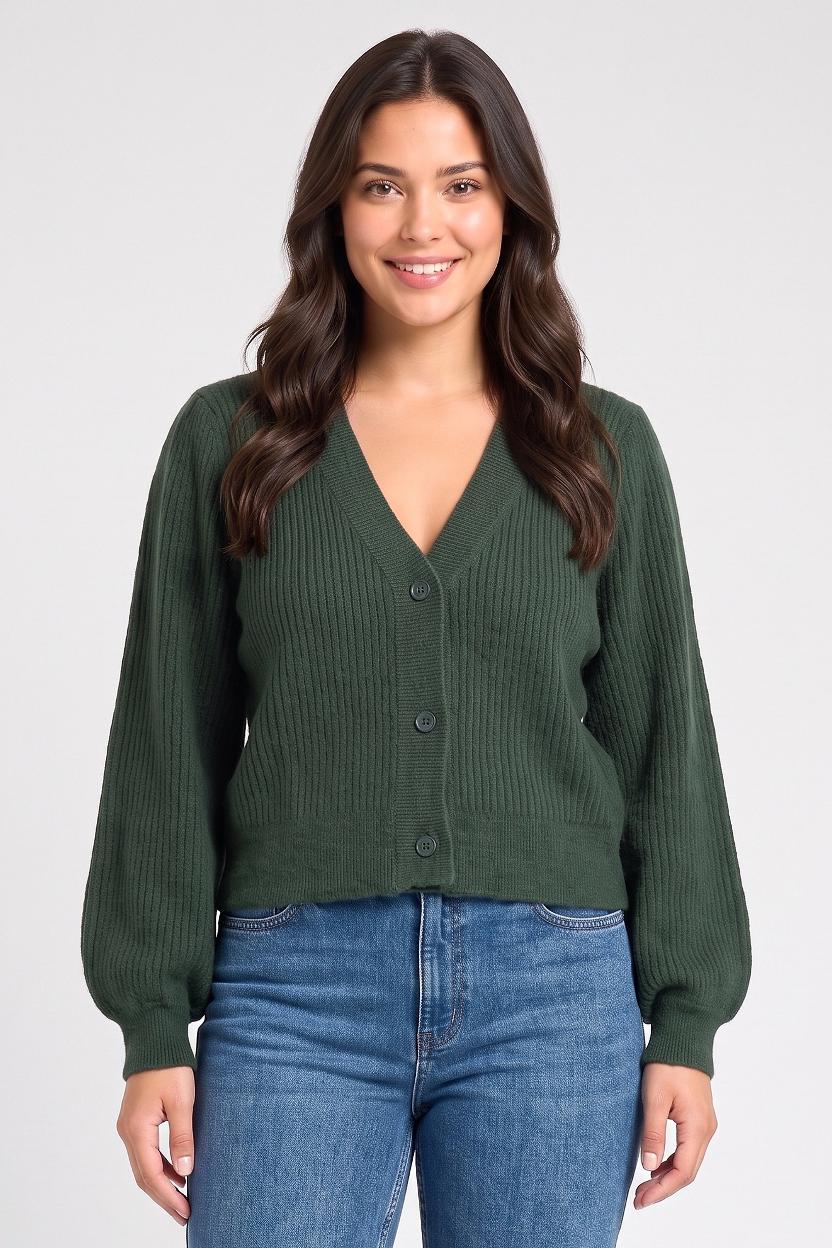 Women V-Neck Knitted Cardigan, Green