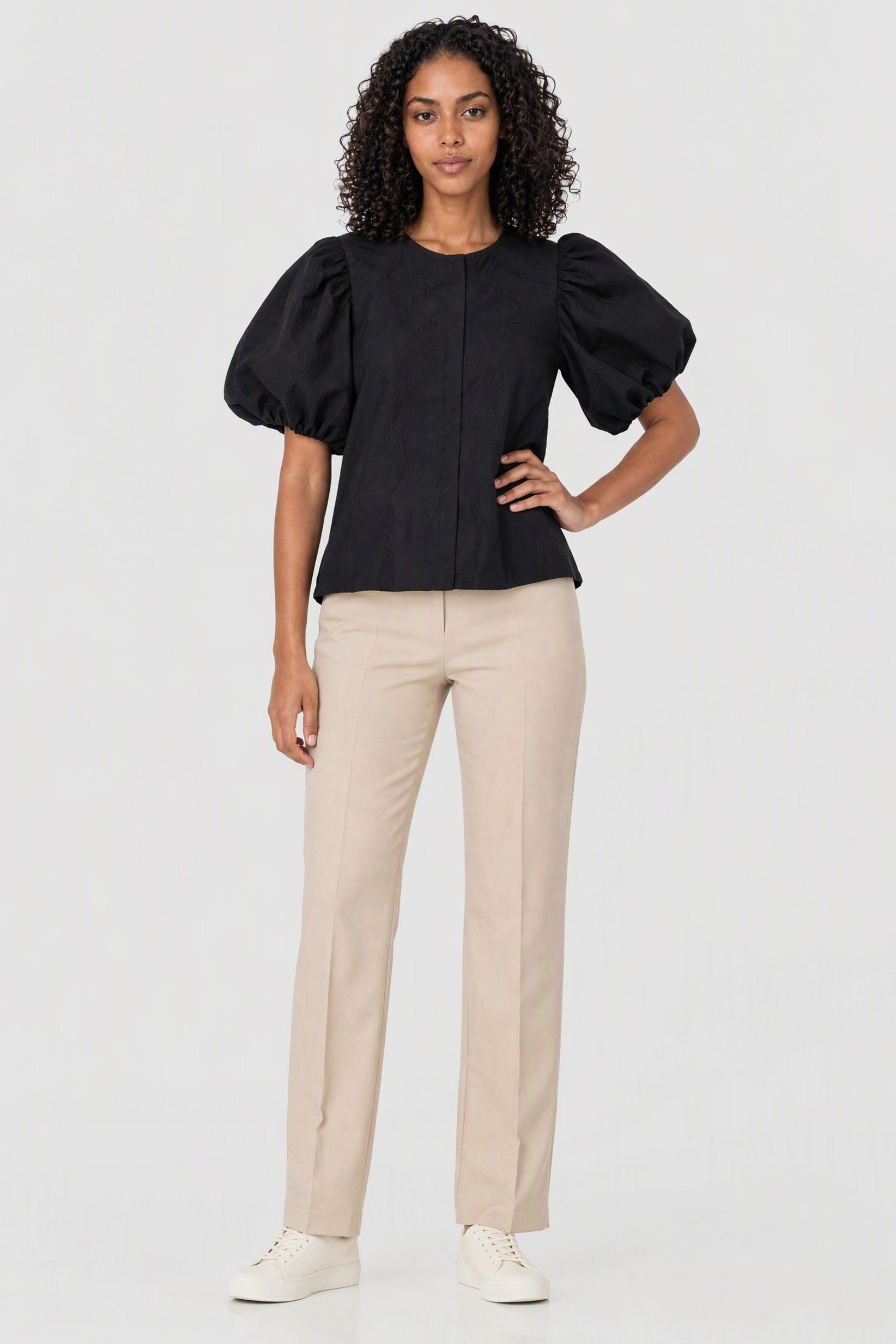 Women Round Neck Puffed Sleeve Textured Shirt, Black
