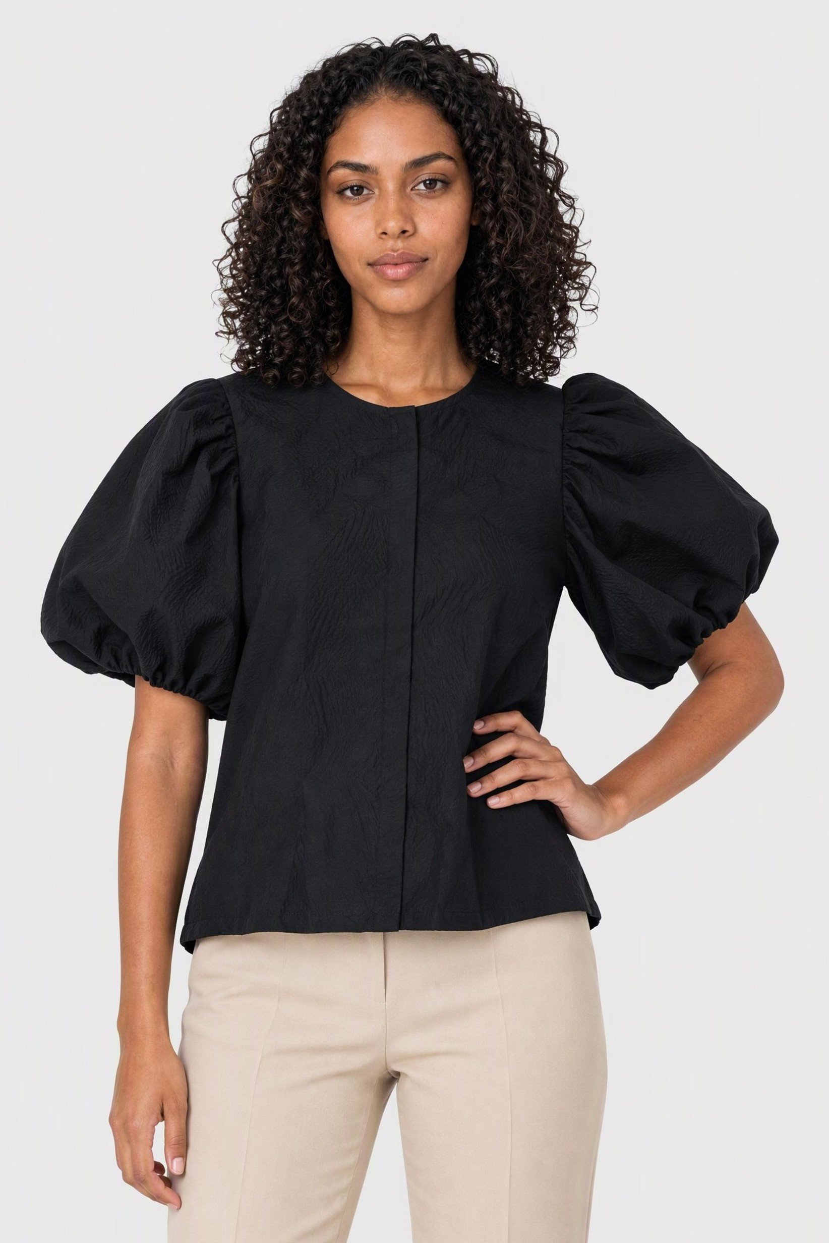 Women Round Neck Puffed Sleeve Textured Shirt, Black