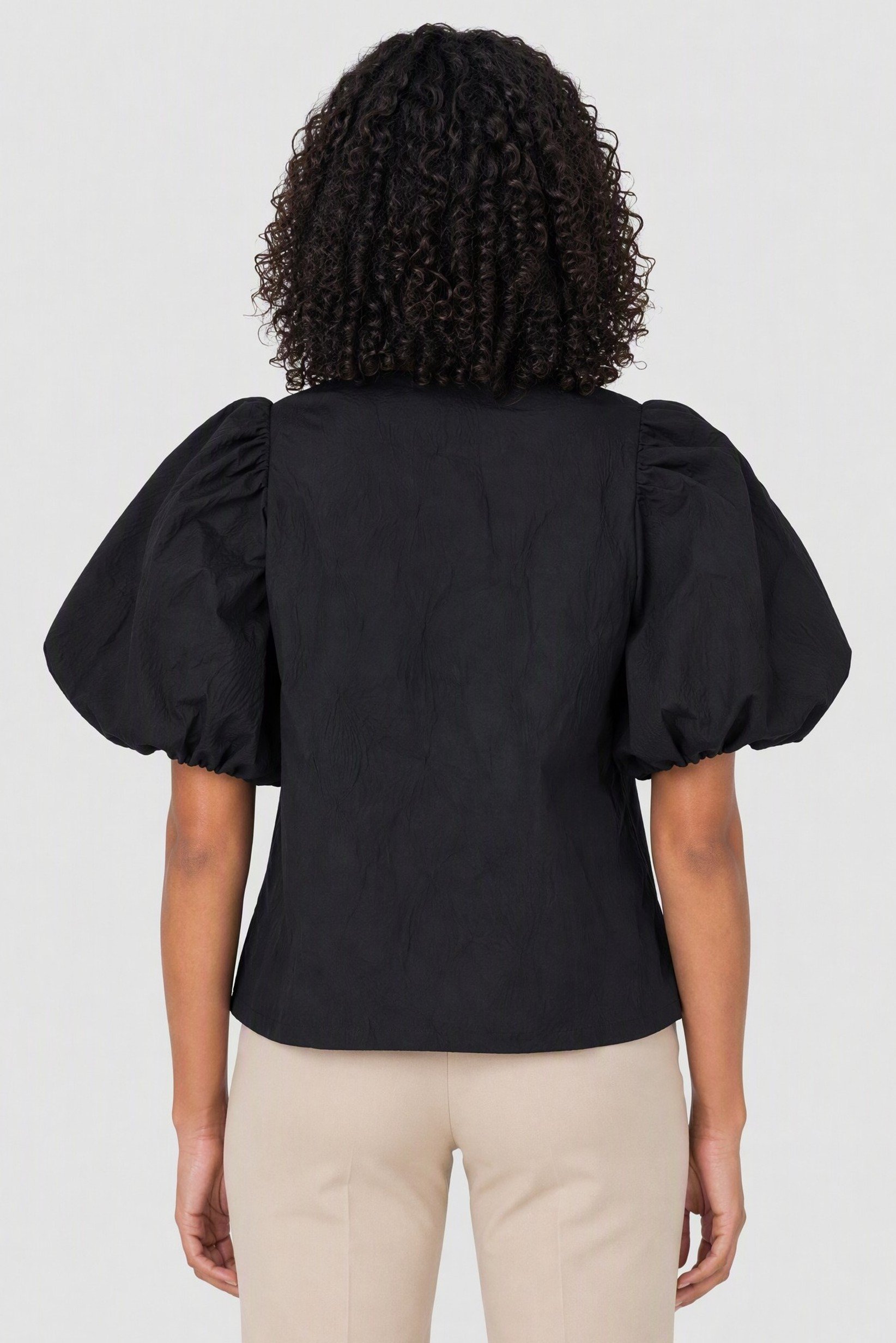 Women Round Neck Puffed Sleeve Textured Shirt, Black