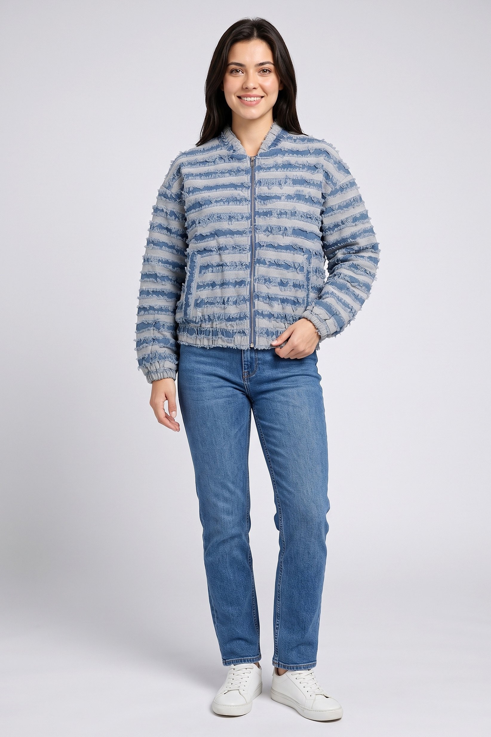 Women Textured Denim Jacket, Washed Blue