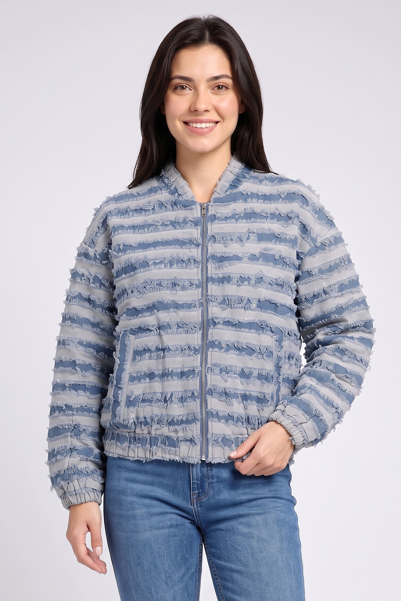 Women Textured Denim Jacket, Washed Blue
