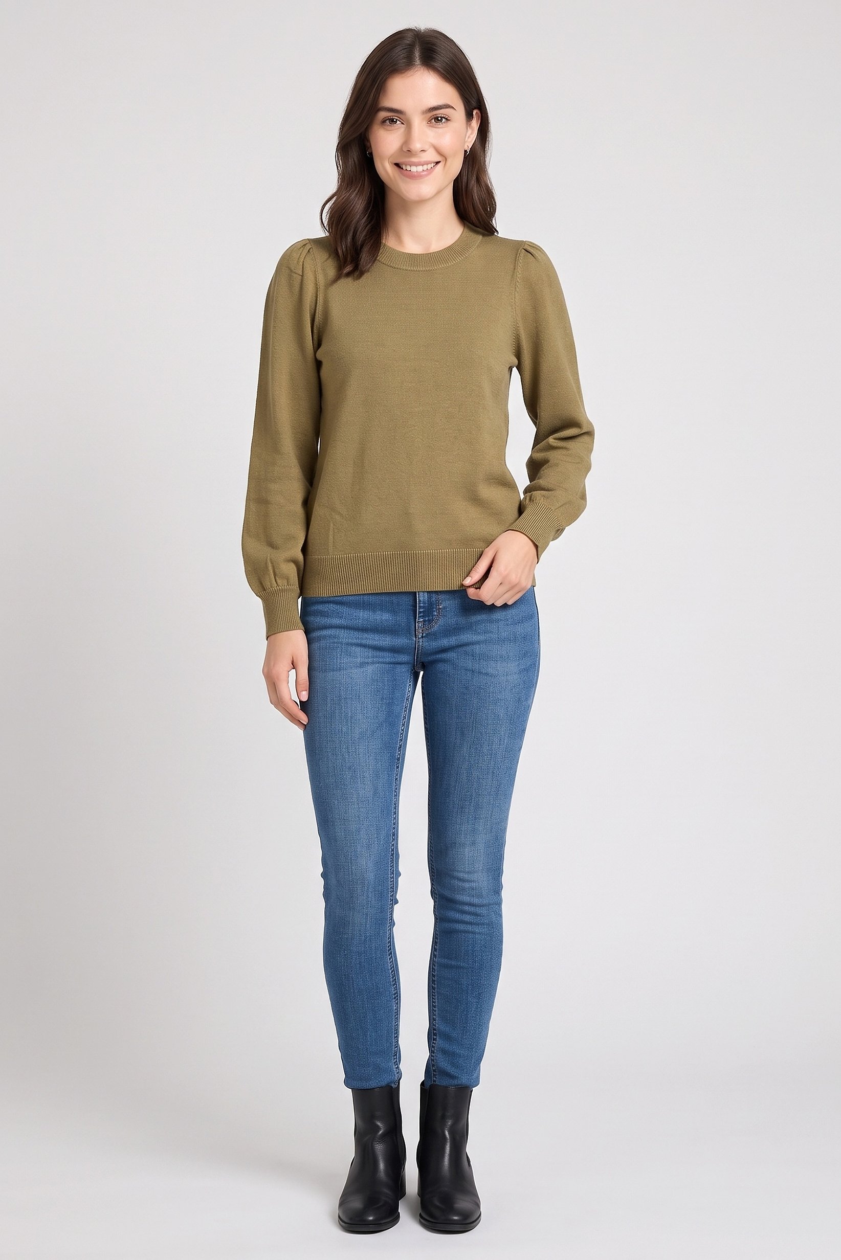 Women Crew Neck Knitted Sweater, Olive