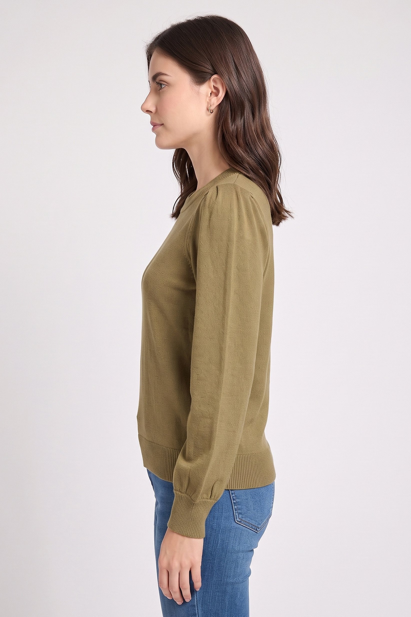 Women Crew Neck Knitted Sweater, Olive