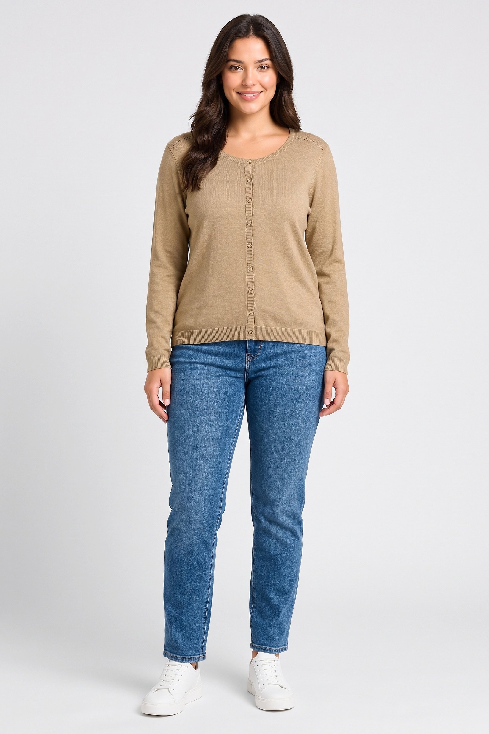 Women Round Neck Knitted Cardigan, Olive