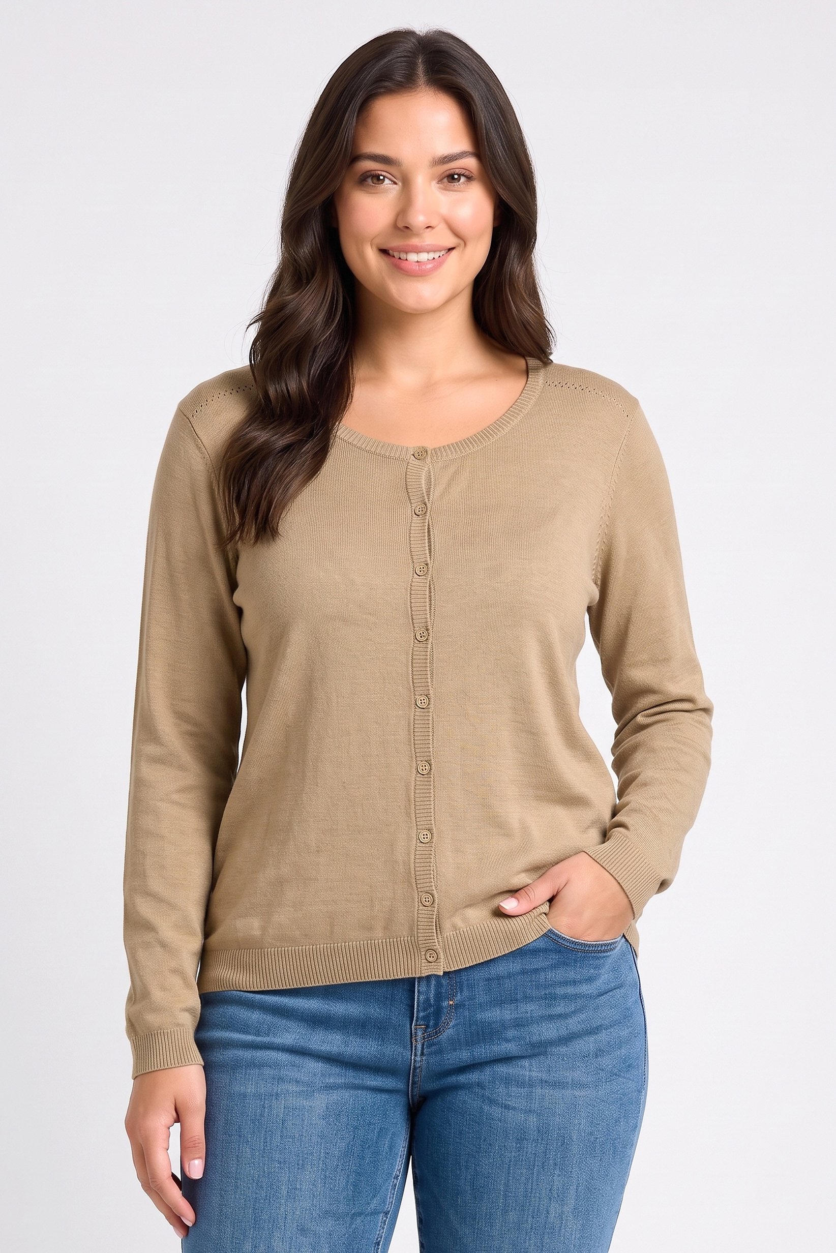 Women Round Neck Knitted Cardigan, Olive
