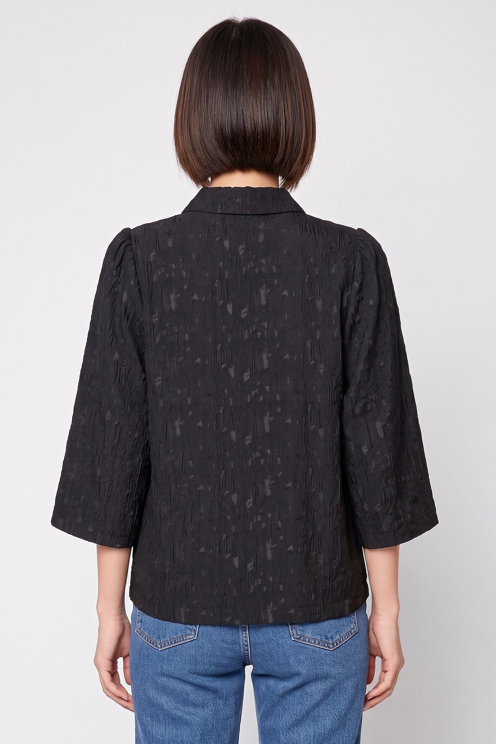 Women Spread Collar Long Sleeve Textured Blouse, Black