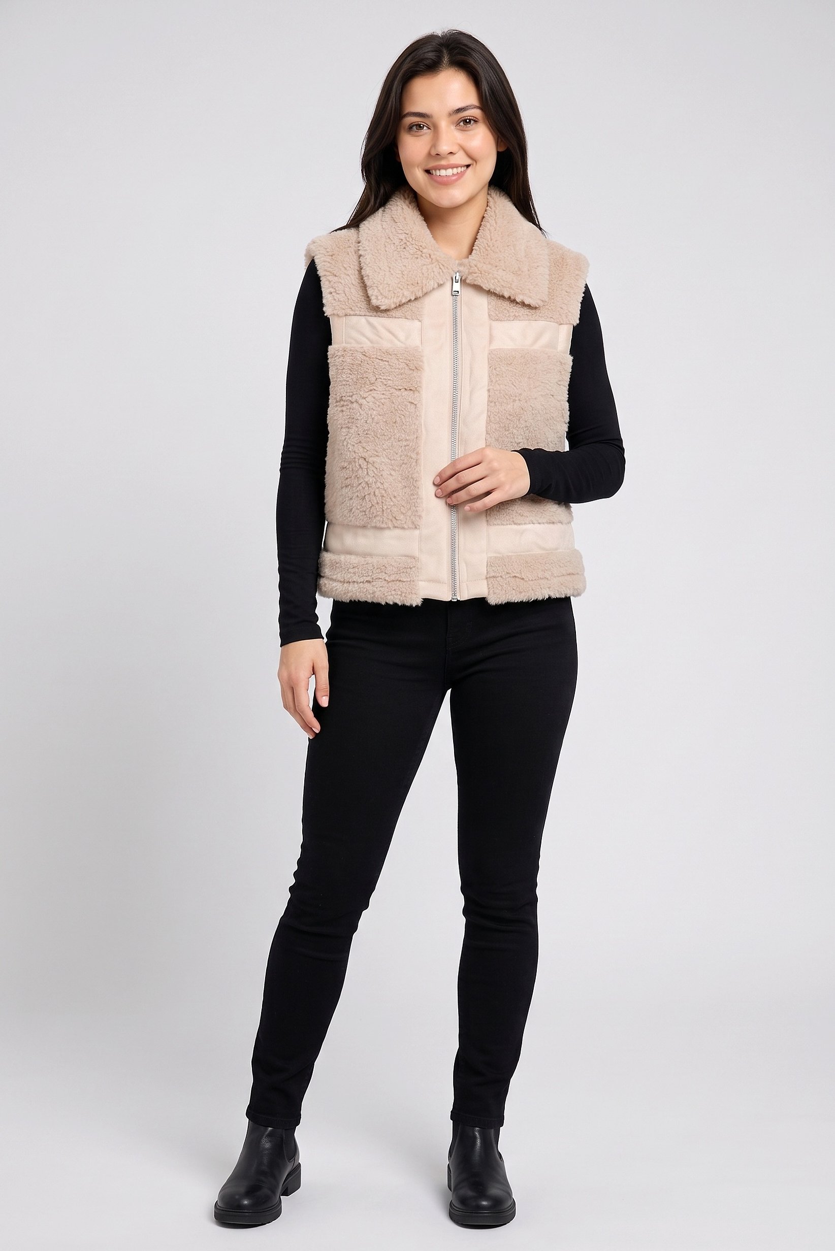 Women Textured Jacket Vest, Taupe