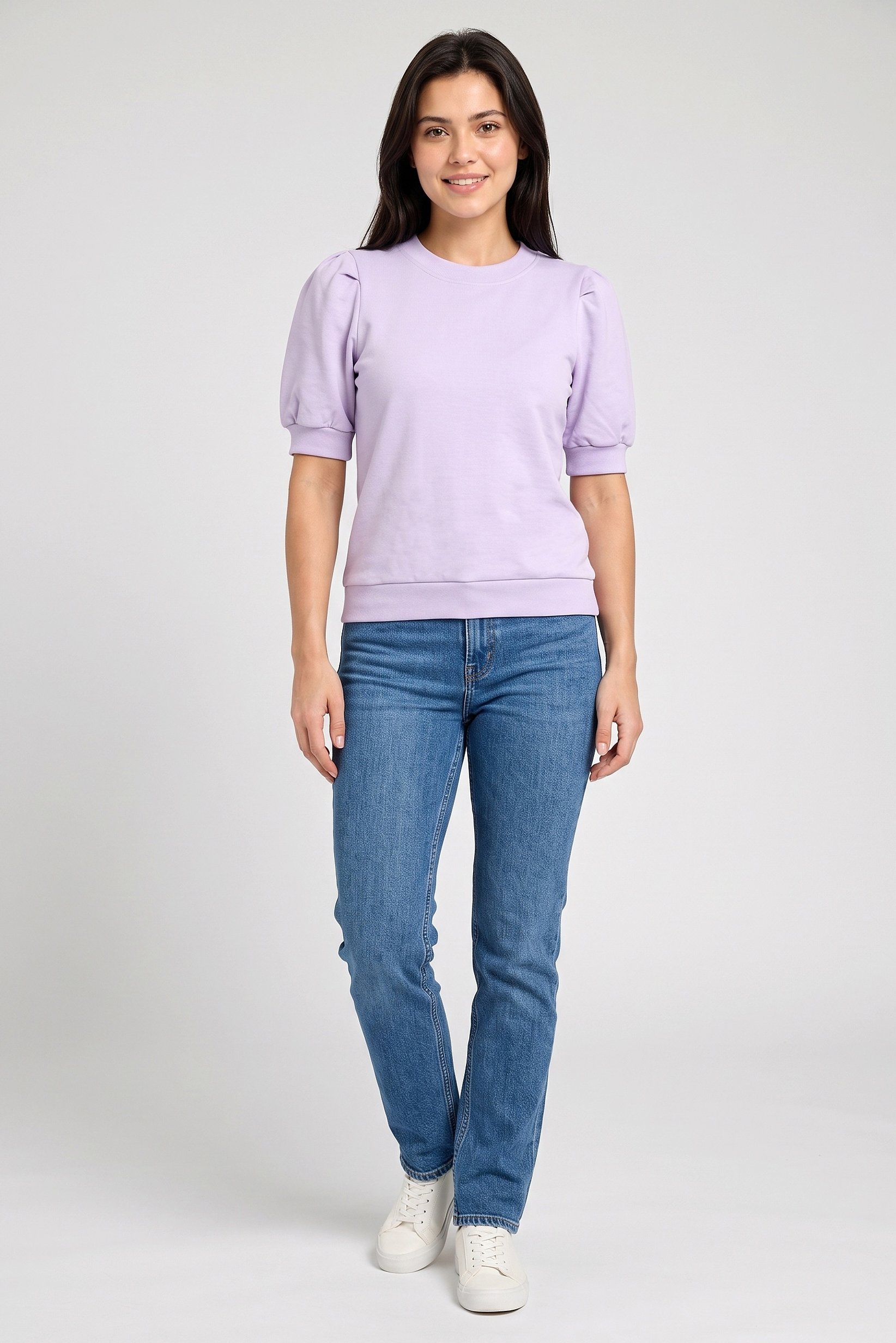 Women Crew Neck Puffed Sleeve Plain Top, Lilac