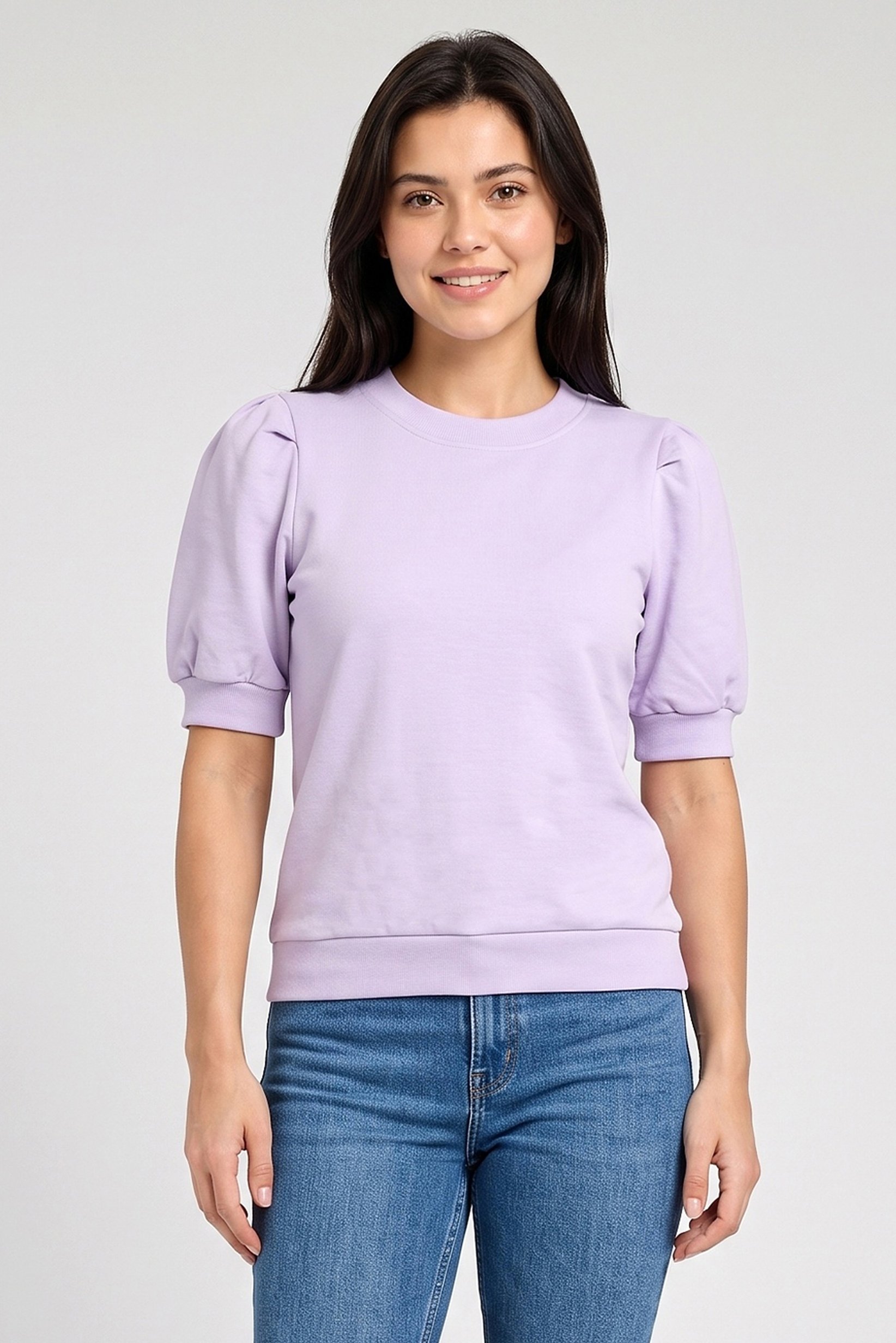 Women Crew Neck Puffed Sleeve Plain Top, Lilac