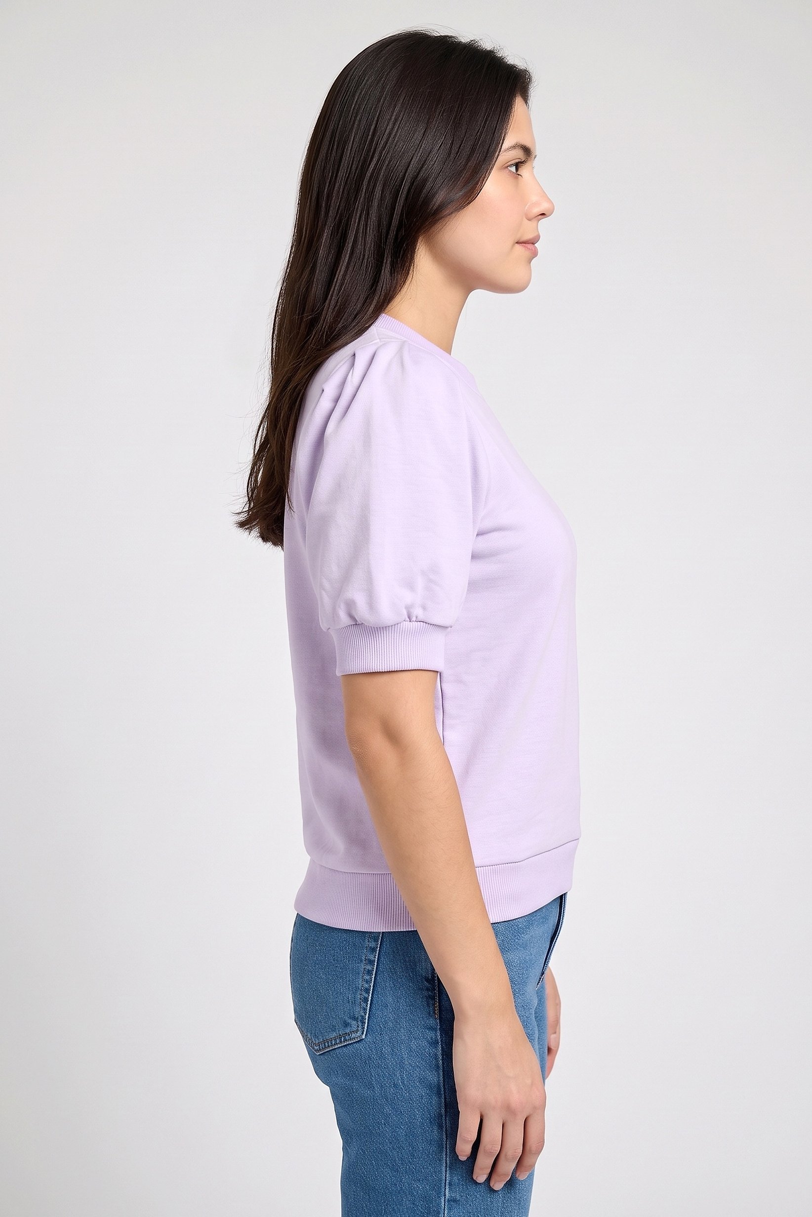 Women Crew Neck Puffed Sleeve Plain Top, Lilac