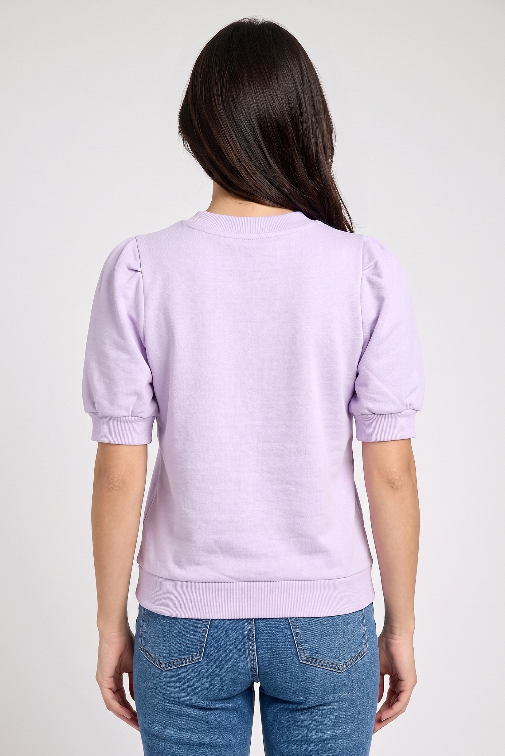 Women Crew Neck Puffed Sleeve Plain Top, Lilac
