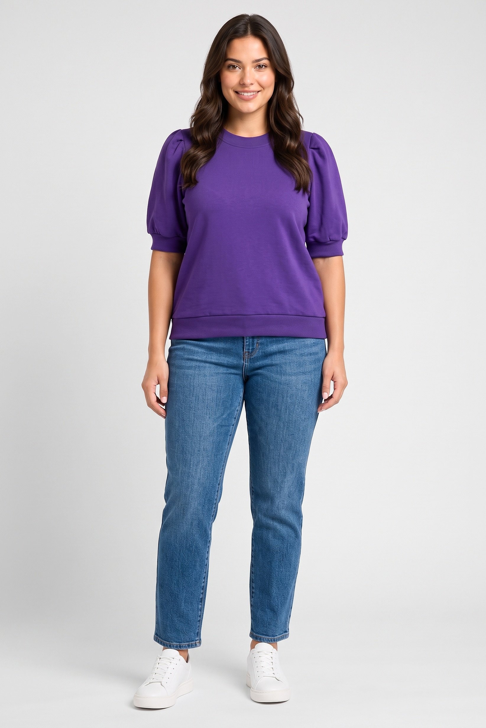 Women Crew Neck Balloon Sleeve Solid Top, Purple