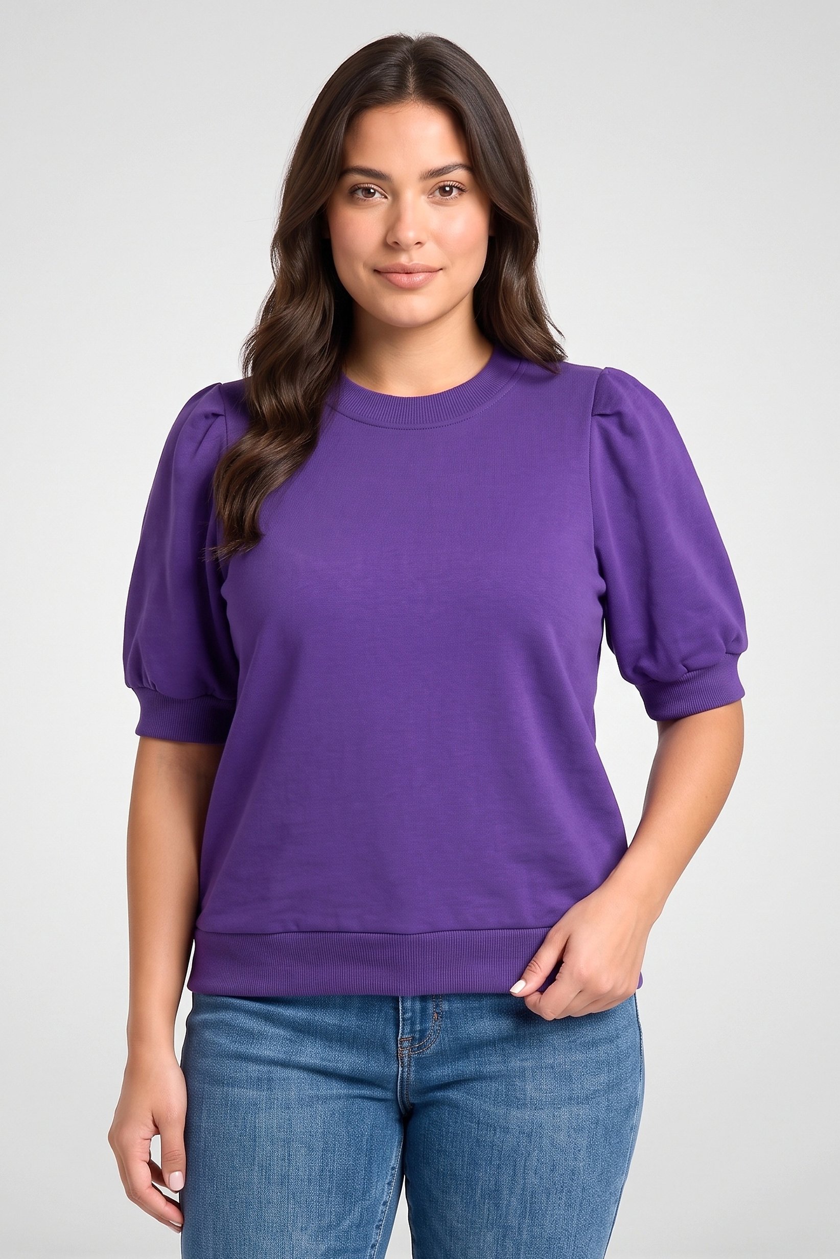 Women Crew Neck Balloon Sleeve Solid Top, Purple