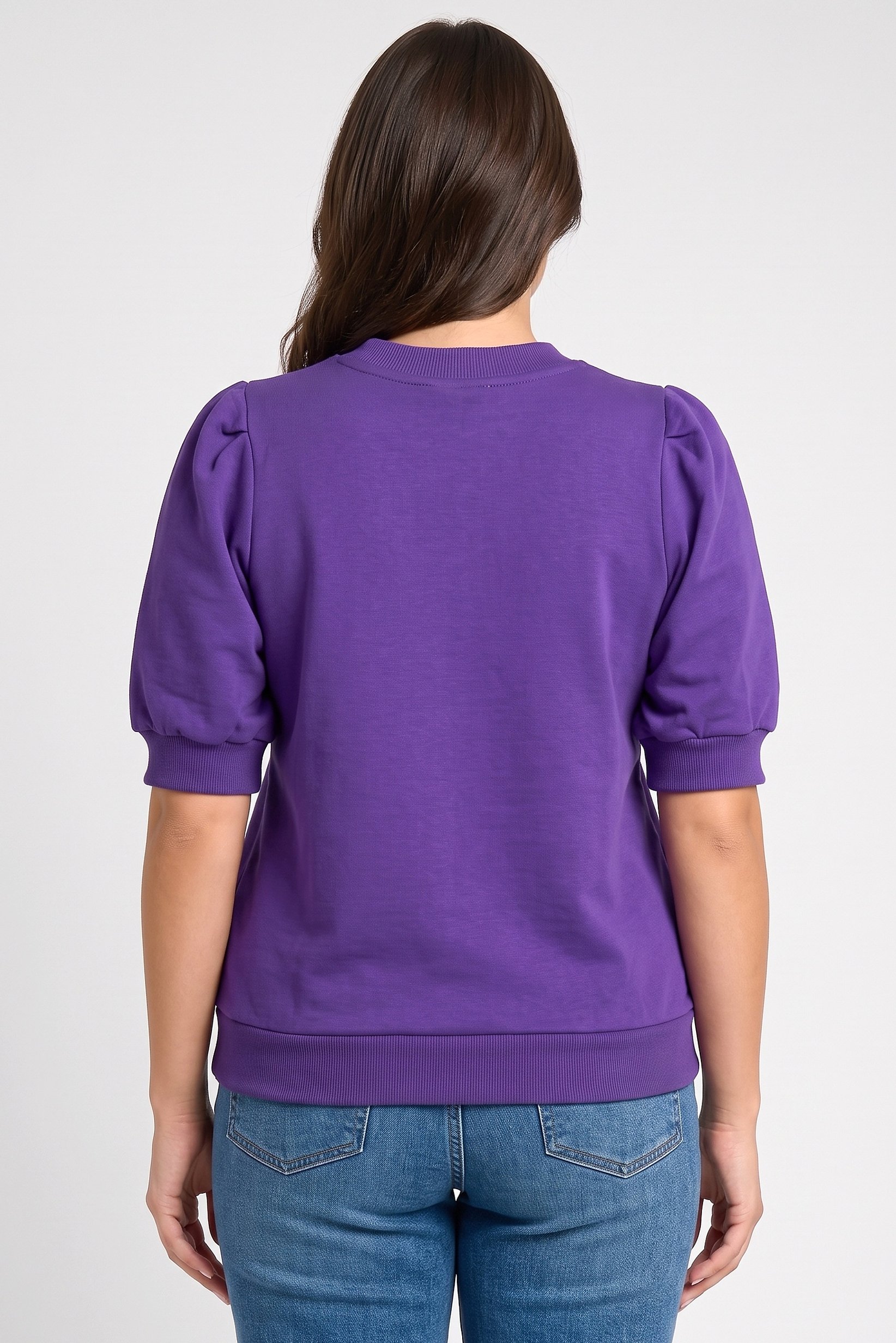 Women Crew Neck Balloon Sleeve Solid Top, Purple