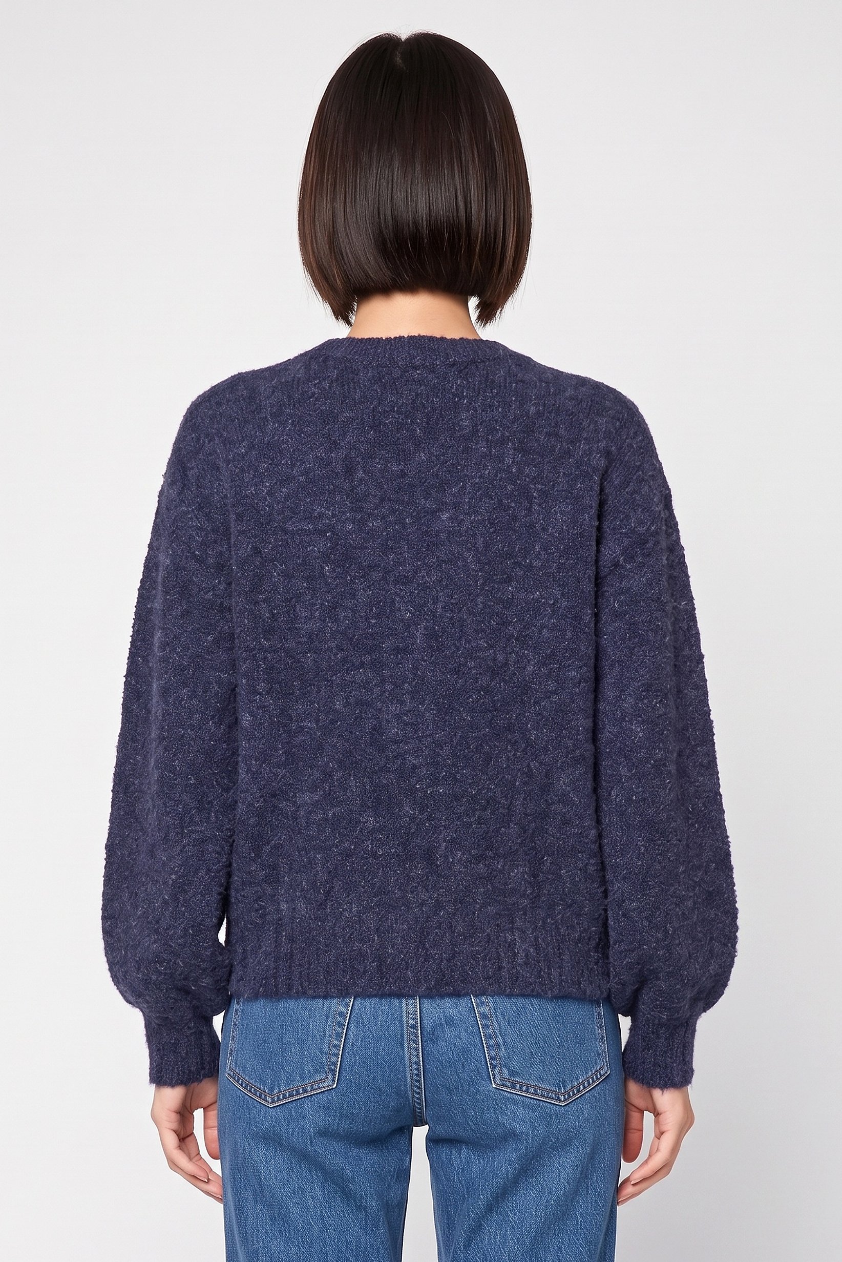 Women V-Neck Knitted Sweater, Navy Blue