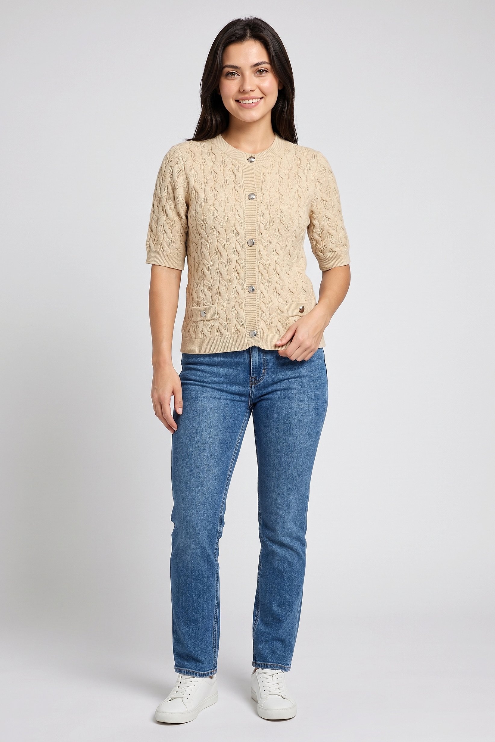 Women Crew Neck Textured Cardigan, Dark Beige