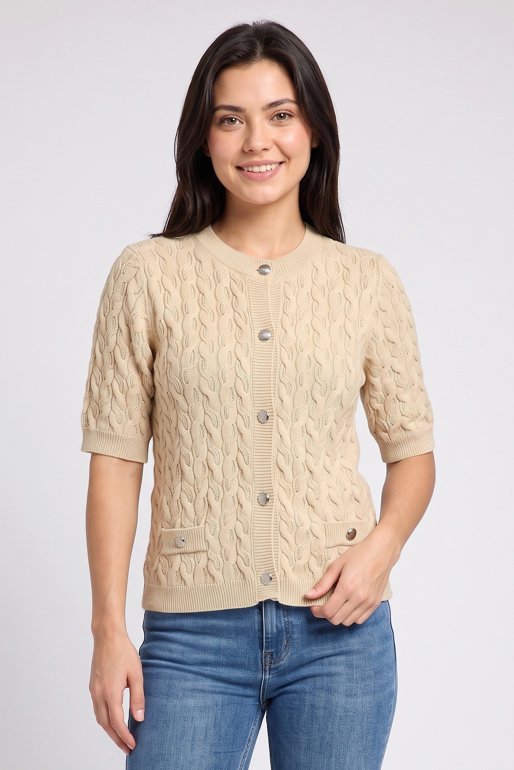 Women Crew Neck Textured Cardigan, Dark Beige