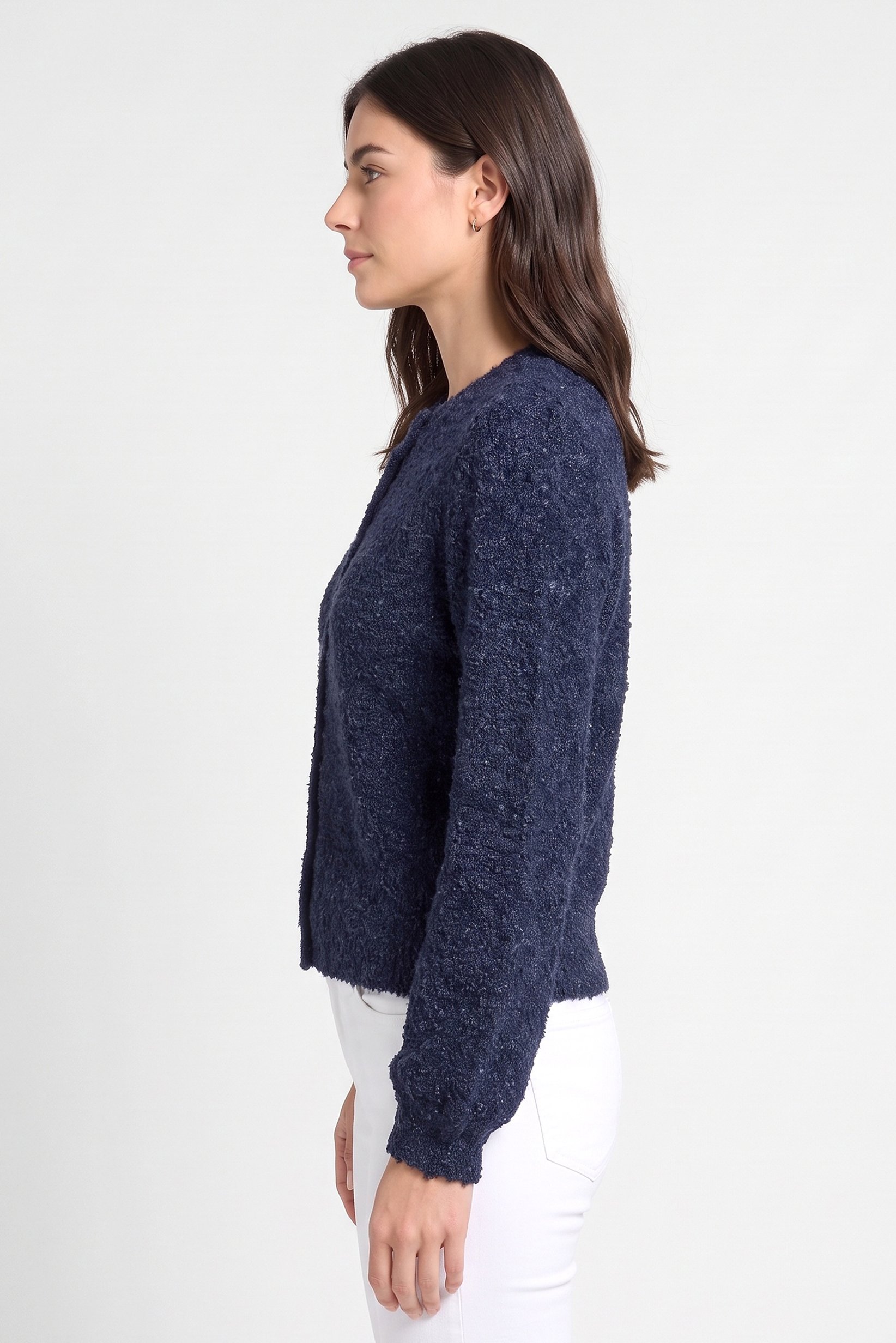 Women Crew Neck Textured Cardigan, Navy Blue