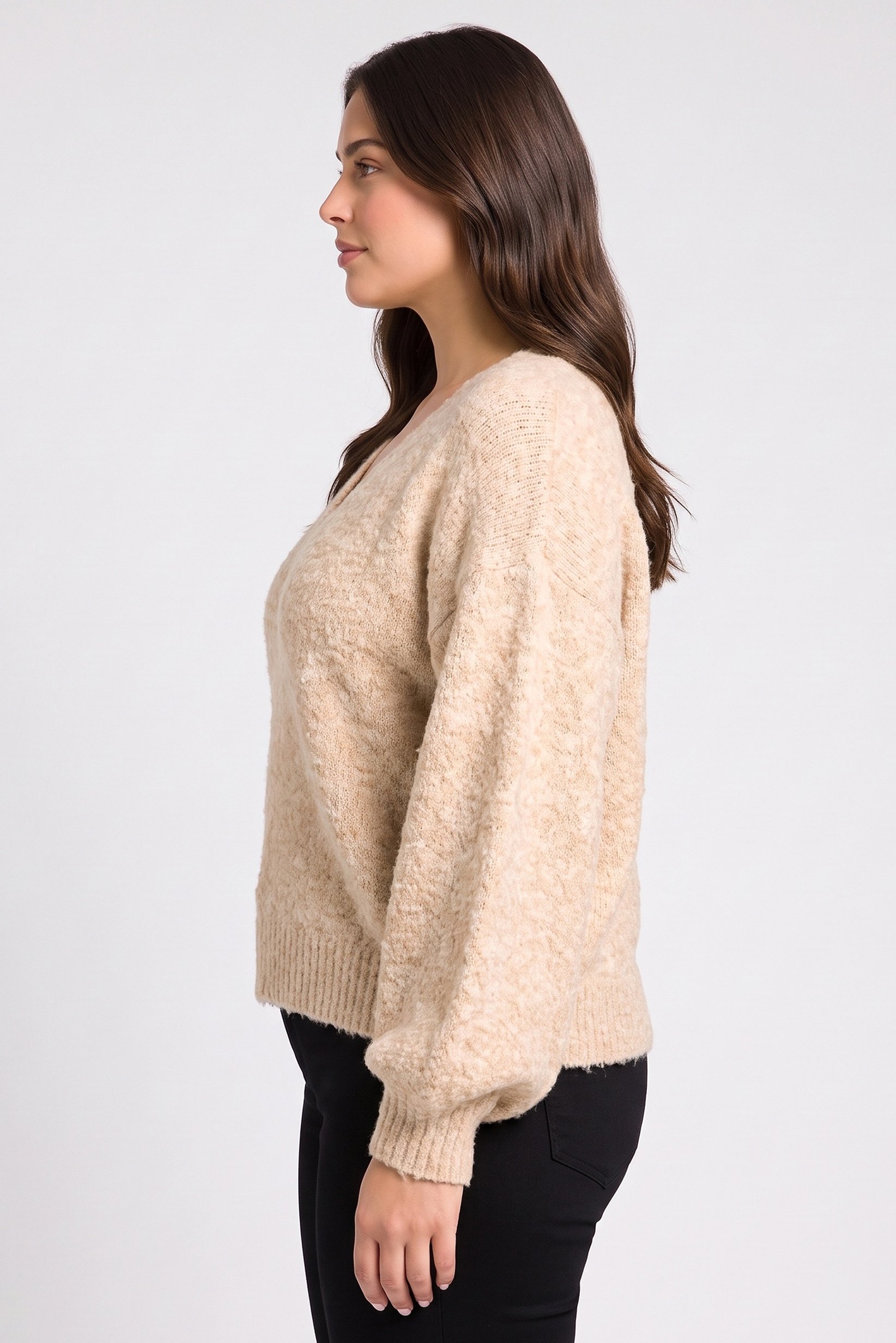 Women V-Neck Knitted Sweater, Tan
