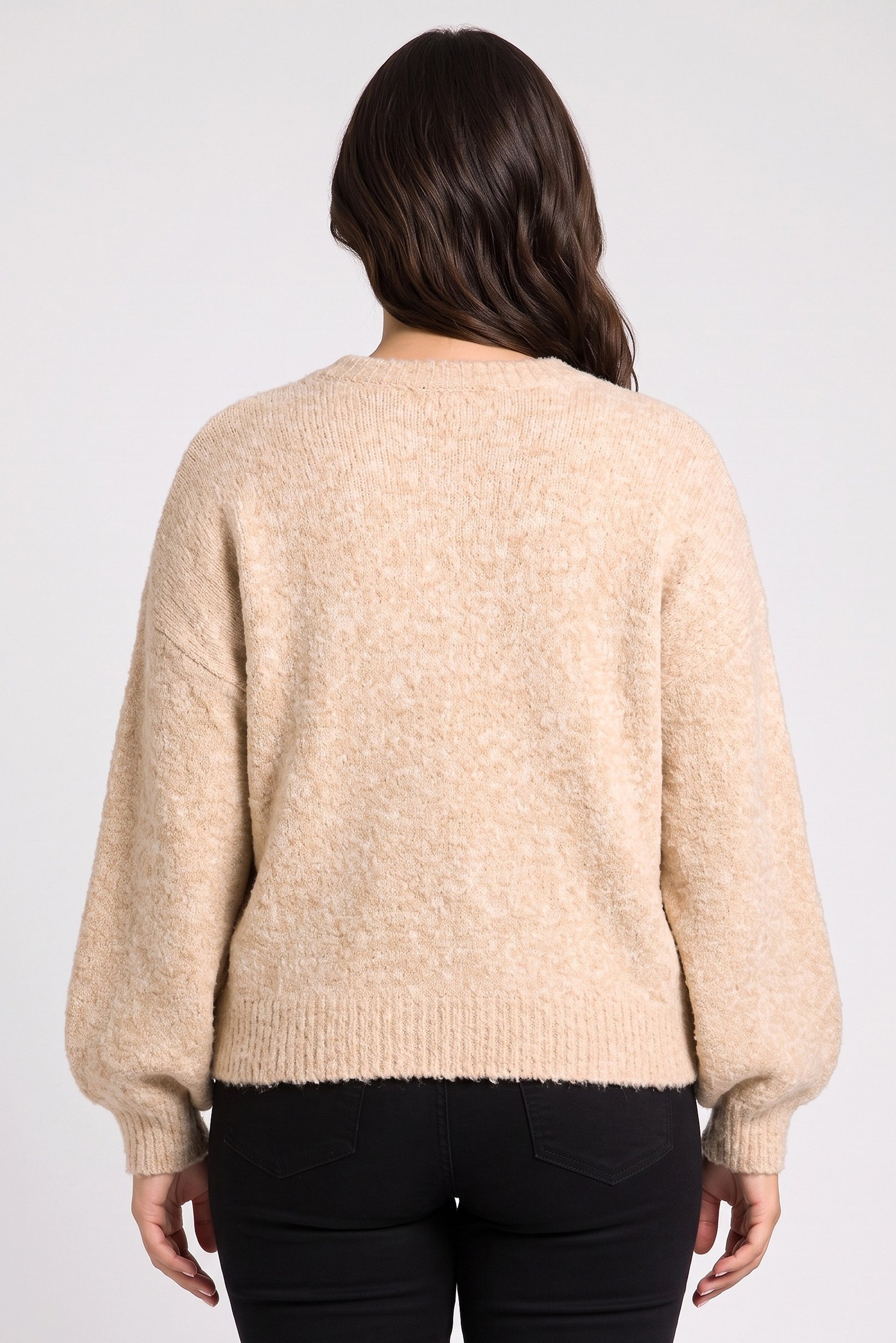 Women V-Neck Knitted Sweater, Tan