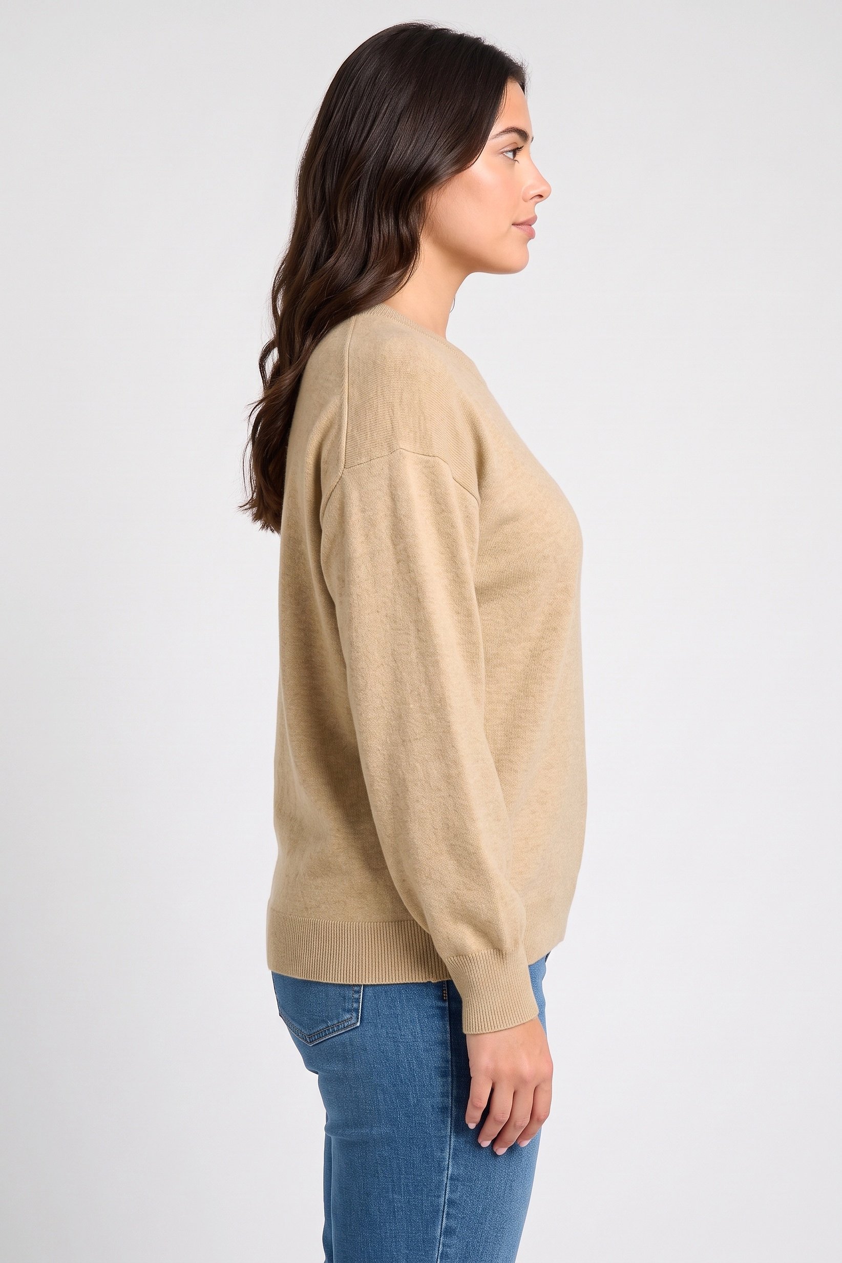 Women Crew Neck Long Sleeve Knitted Sweater, Beige