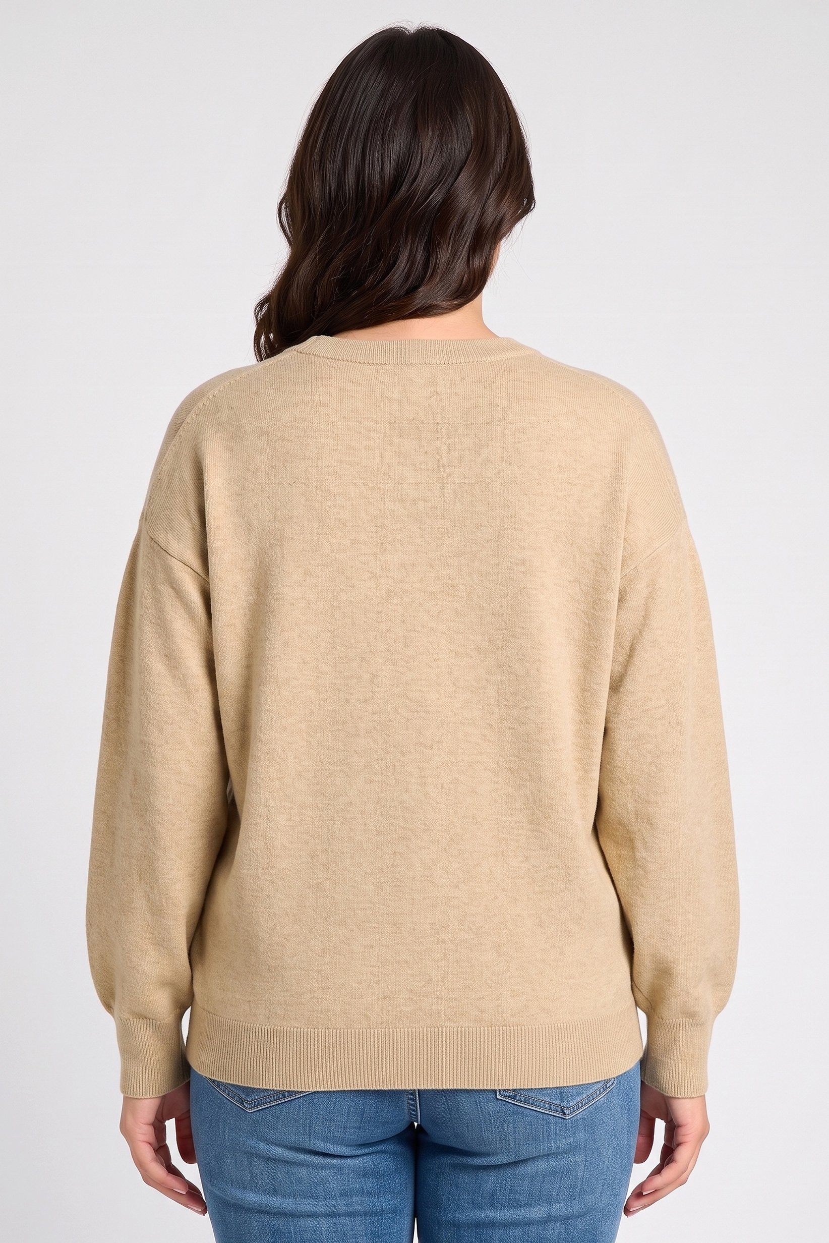 Women Crew Neck Long Sleeve Knitted Sweater, Beige