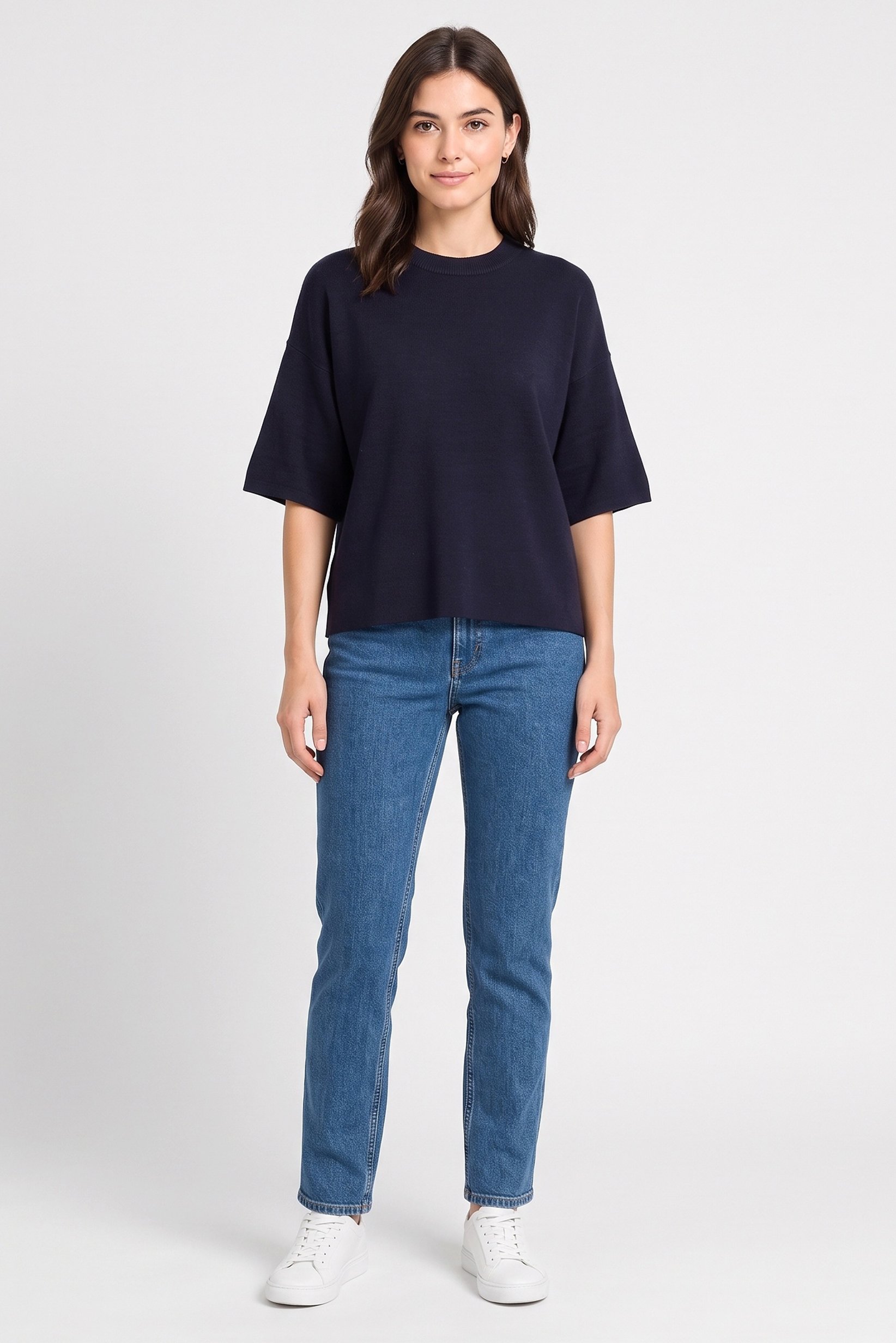 Women Mock Neck Short Sleeve Knitted T-Shirt, Navy Blue