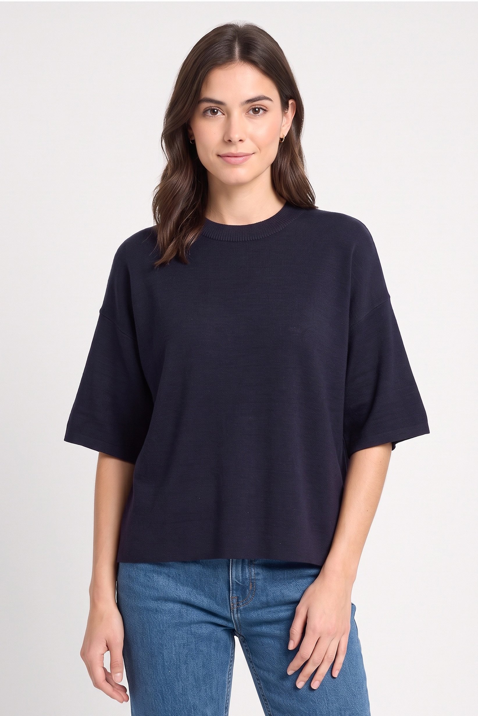 Women Mock Neck Short Sleeve Knitted T-Shirt, Navy Blue