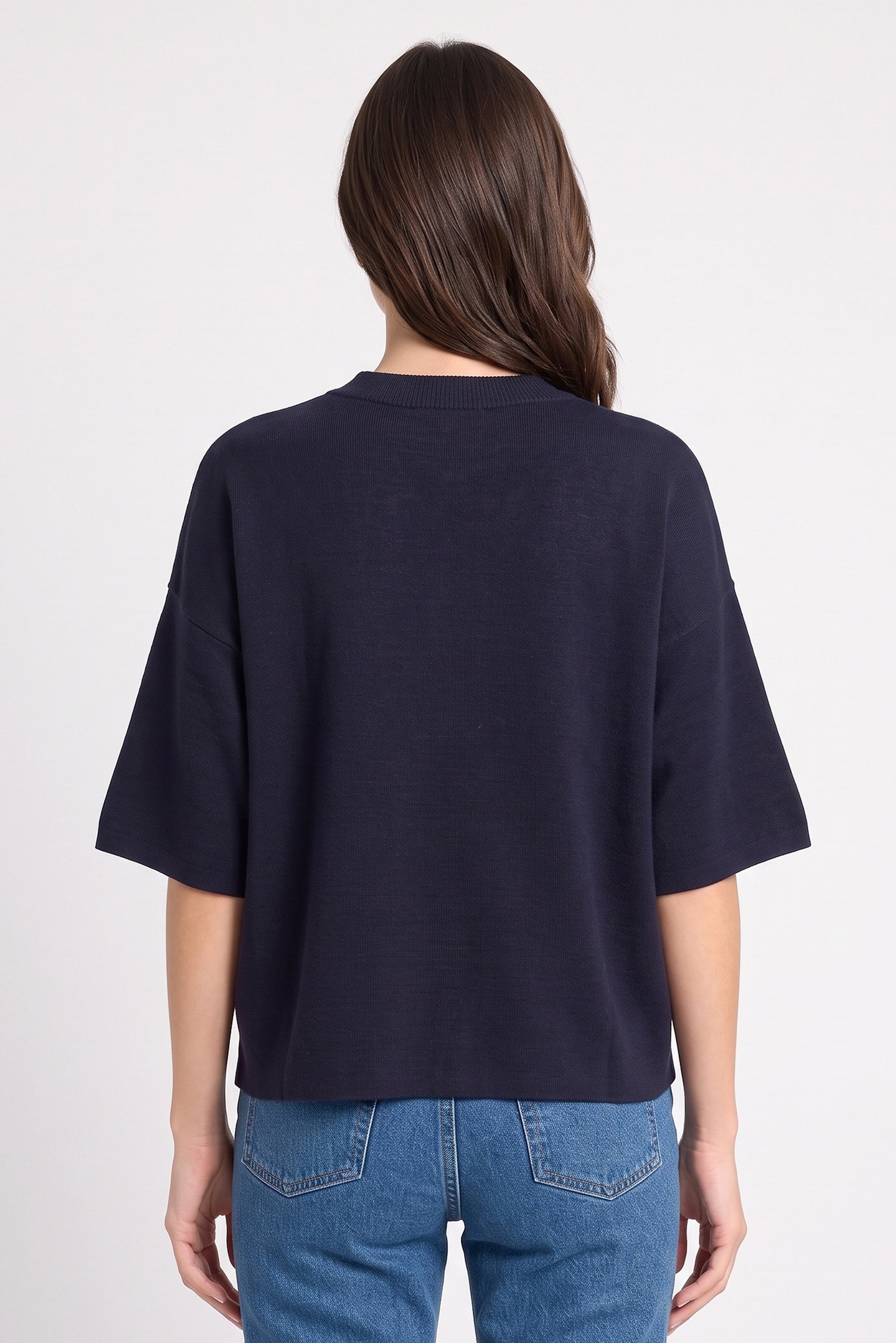 Women Mock Neck Short Sleeve Knitted T-Shirt, Navy Blue