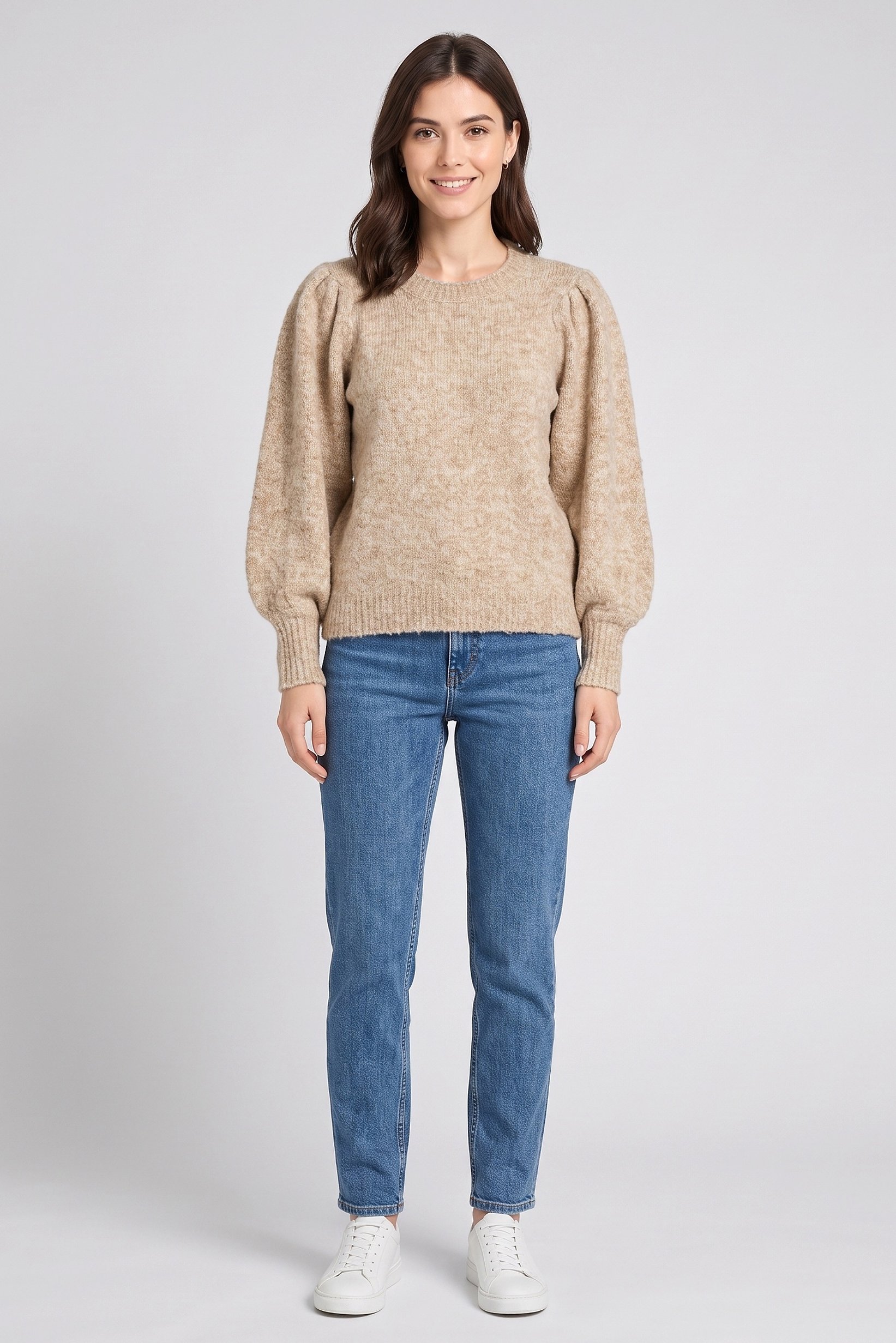 Women Crew Neck Textured Sweater, Tan