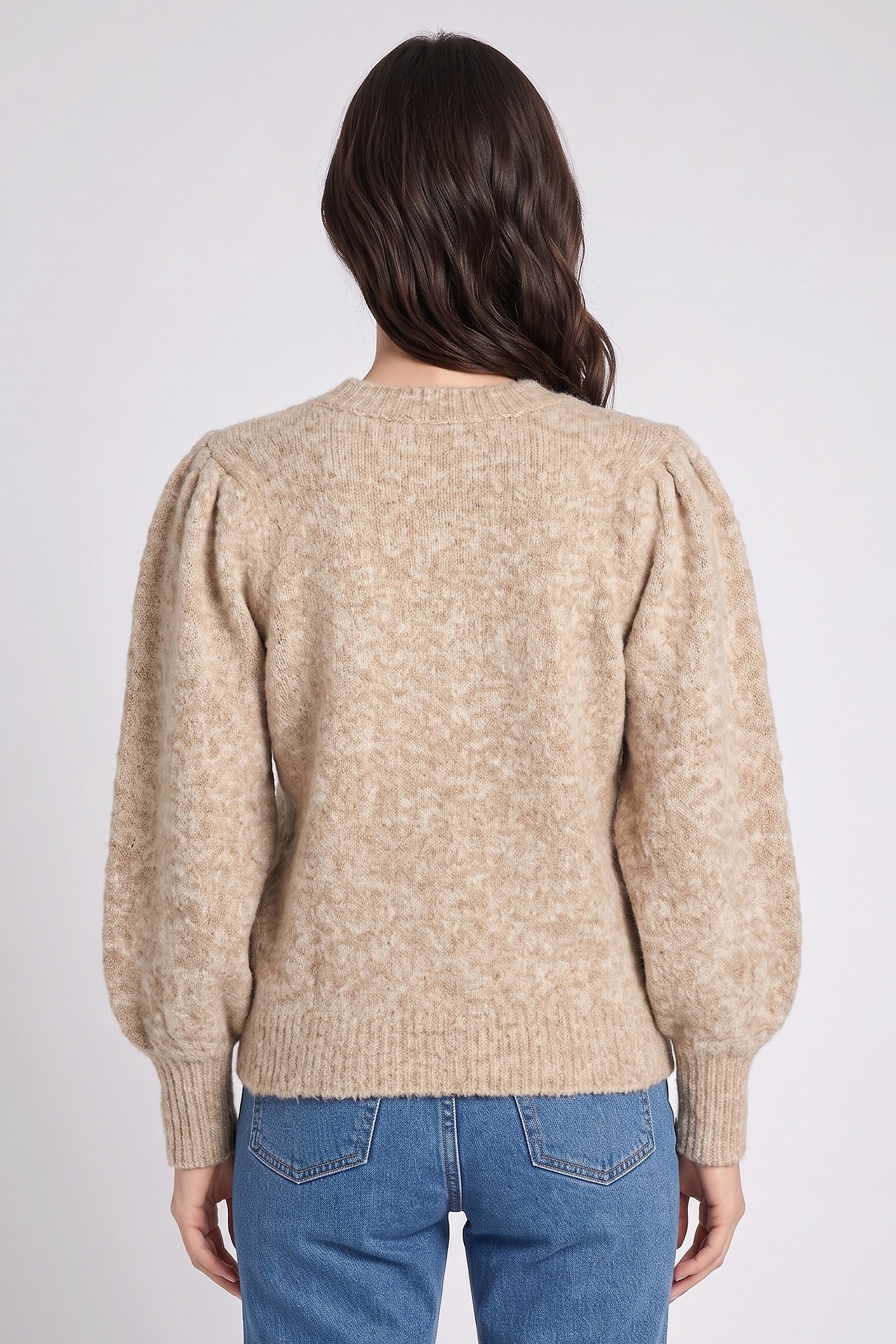 Women Crew Neck Textured Sweater, Tan