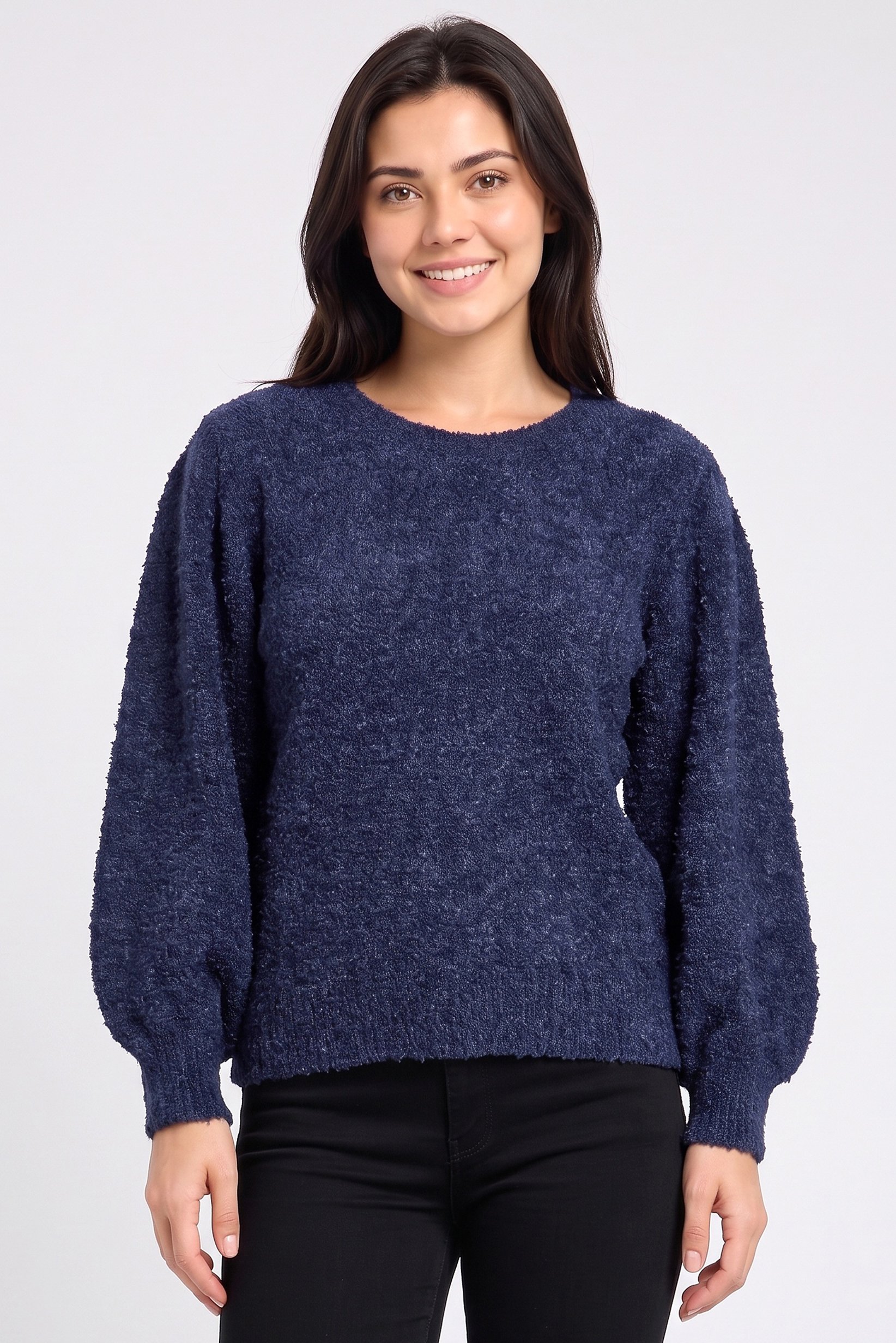 Women Crew Neck Textured Sweater, Navy Blue